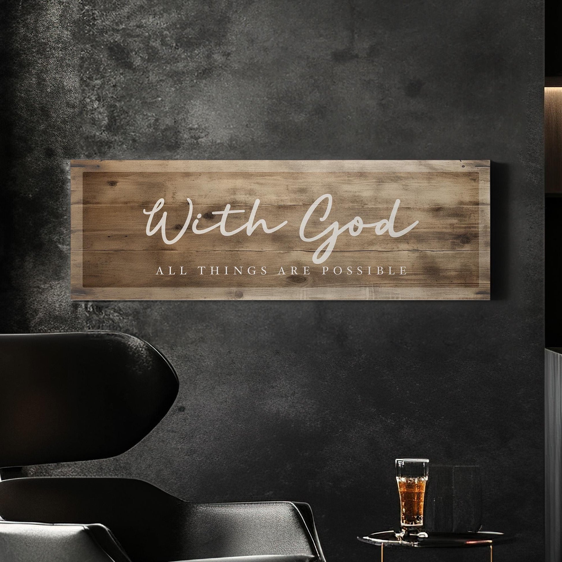 With God All Things Are Possible Above Bed Wall Art Religious, Panoramic Faith Canvas Print, Wood Texture Decor Canvas Art