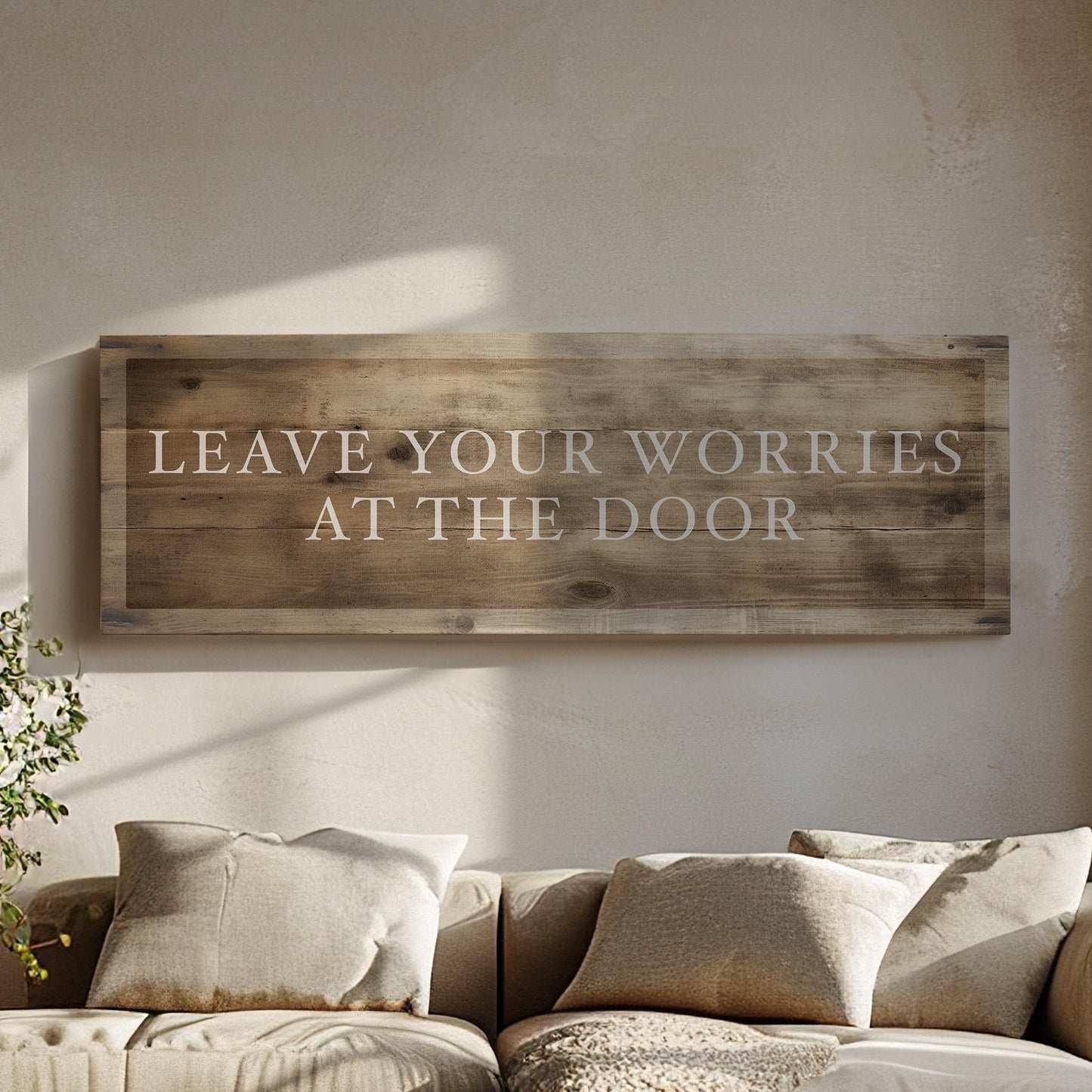 Leave Your Worries At The Door Above Bed Wall Art Religious, Panoramic Entrance Canvas Print, Wood Texture Decor Canvas Art