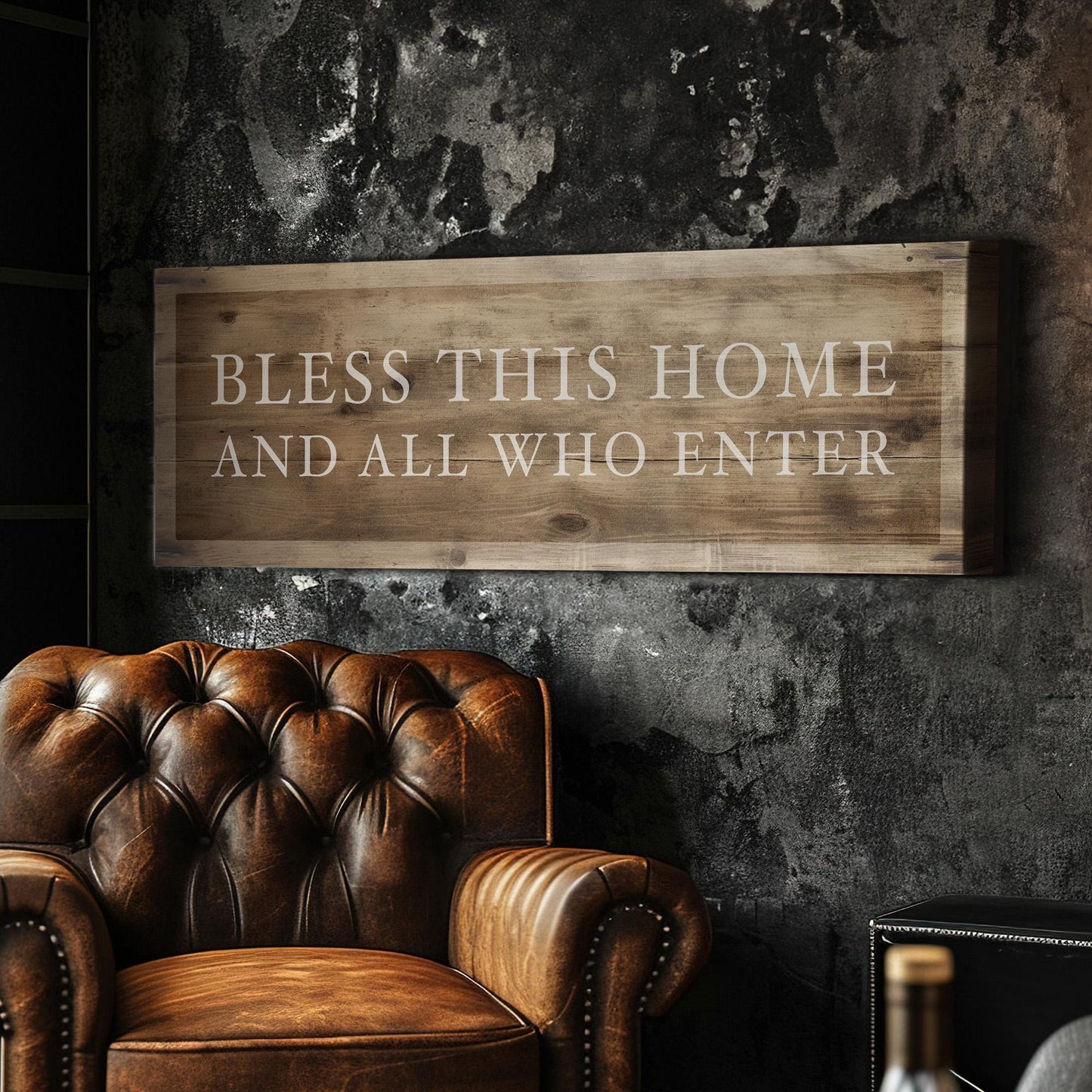 Bless This Home And All Who Enter Above Bed Wall Art Religious, Panoramic Wood Texture Canvas Print, Blessed Decor Canvas Art