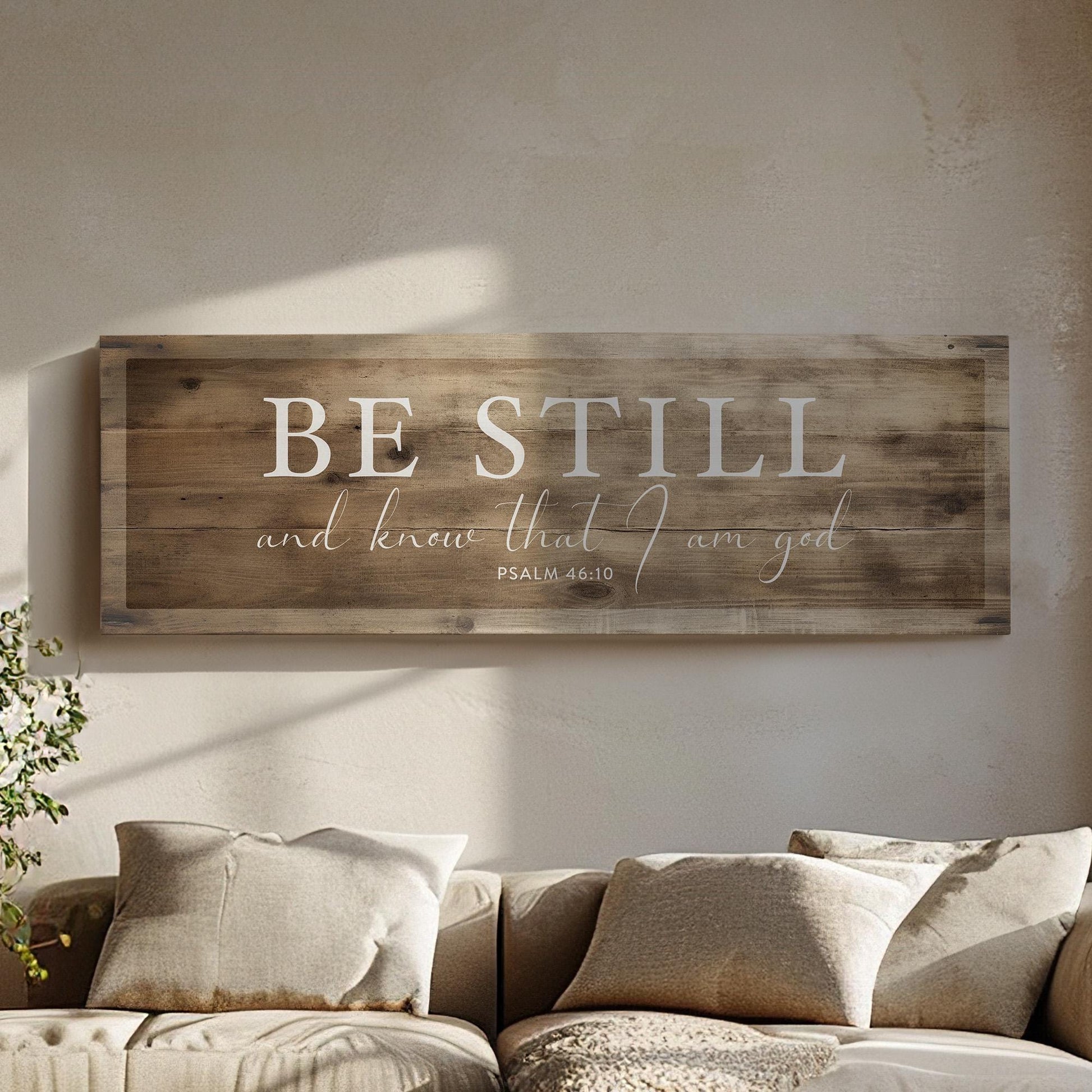 Be Still And Know That I Am God Above Bed Wall Art Psalm 46 10, Panoramic Wood Texture Canvas Print, Religious Decor Canvas Art