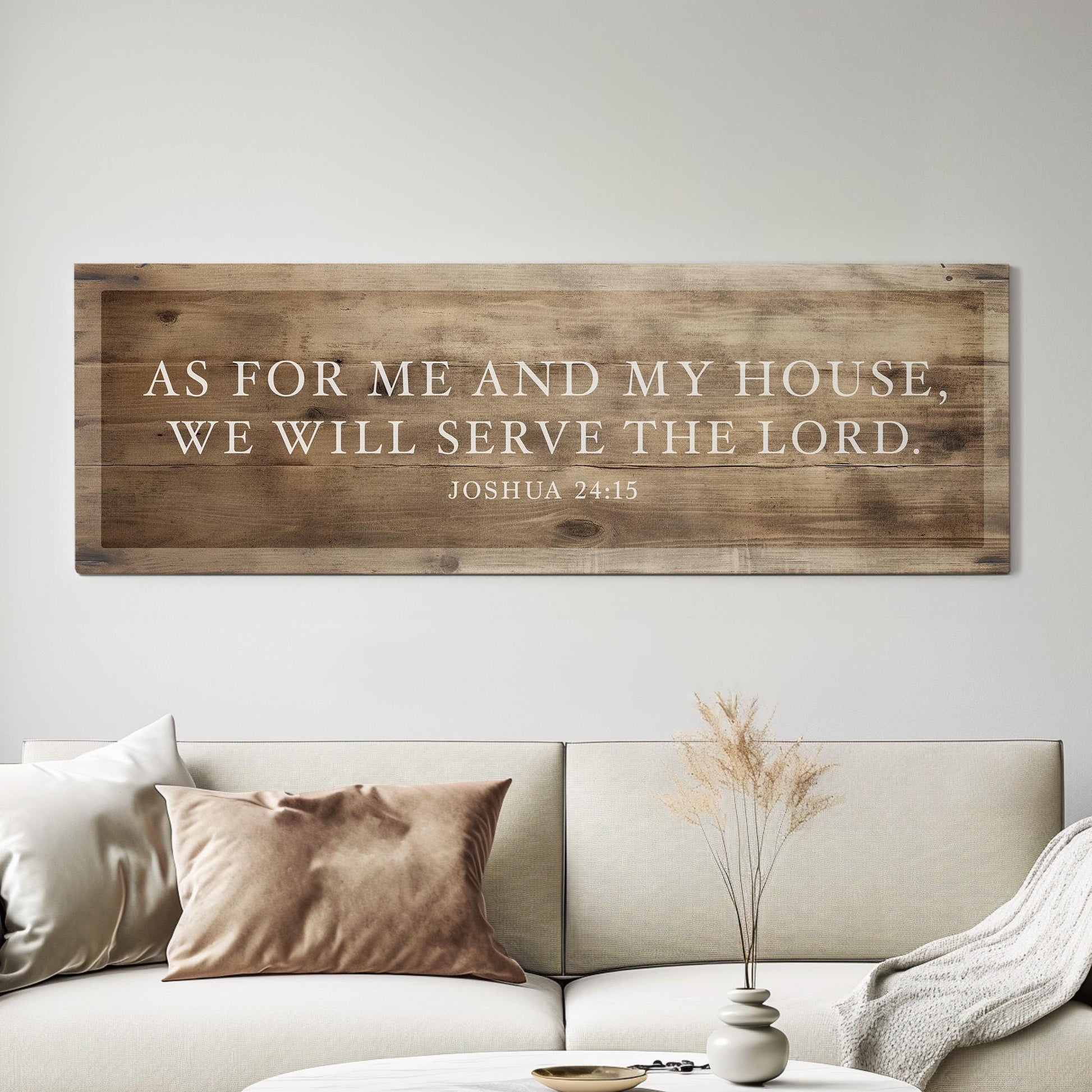 As For Me And My House We Will Serve The Lord Above Bed Wall Art Religious, Panoramic Entrance Canvas Print, Wood Texture Decor Canvas Art