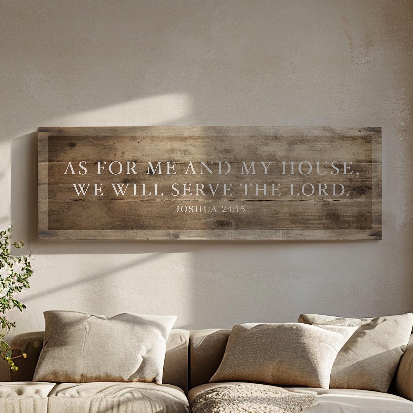 As For Me And My House We Will Serve The Lord Above Bed Wall Art Religious, Panoramic Entrance Canvas Print, Wood Texture Decor Canvas Art