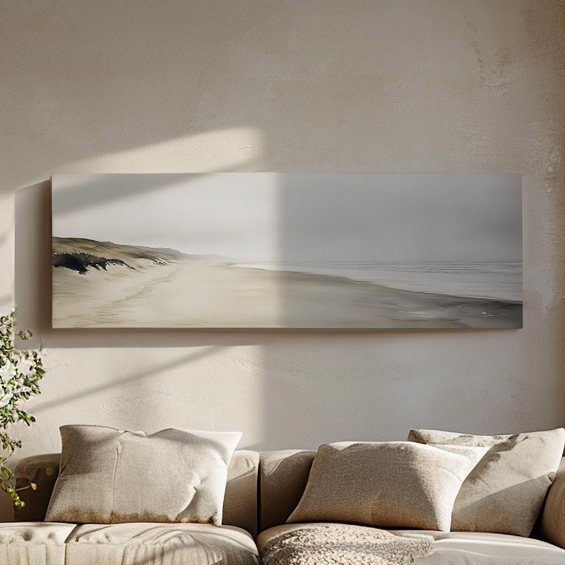 Empty Shore Panoramic Muted Beach, Minimal Nautical Art Canvas Print, Coastal Sunset Printed Canvas Art