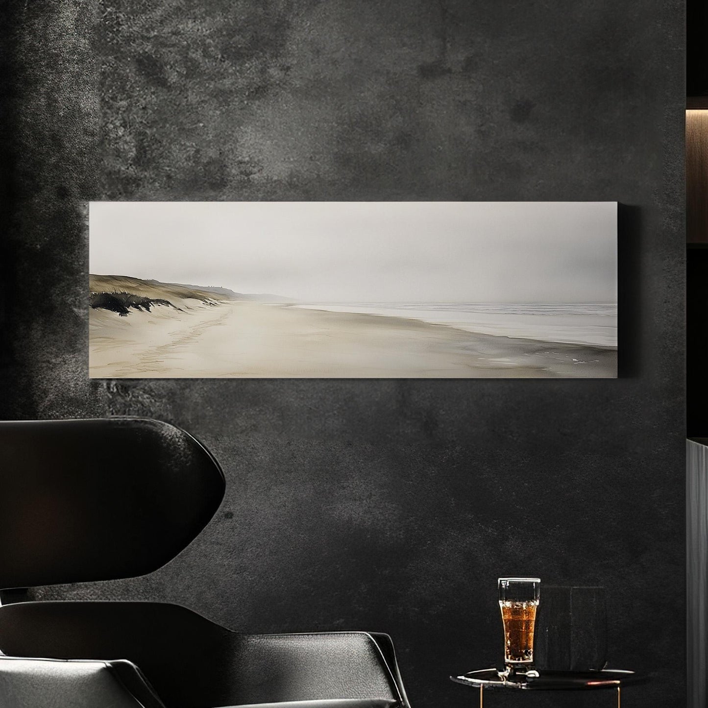 Empty Shore Panoramic Muted Beach, Minimal Nautical Art Canvas Print, Coastal Sunset Printed Canvas Art