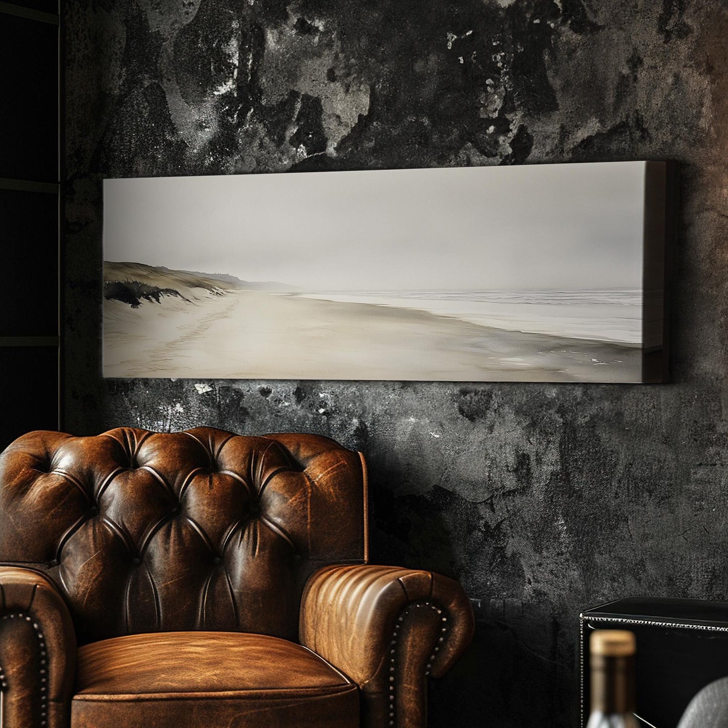 Empty Shore Panoramic Muted Beach, Minimal Nautical Art Canvas Print, Coastal Sunset Printed Canvas Art