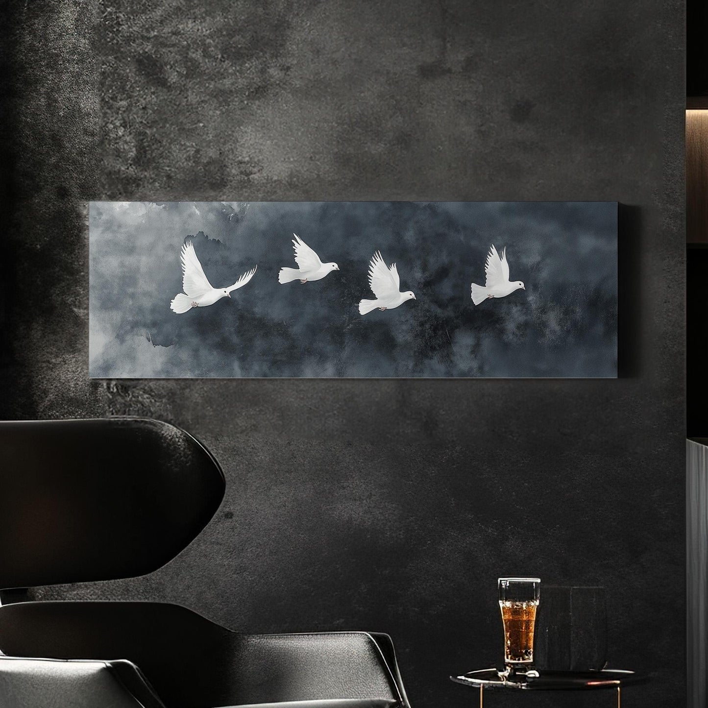 Flock of White Doves Panoramic Peaceful Night, Minimal Flying Bird Canvas Print, The long Travel Printed Canvas Art