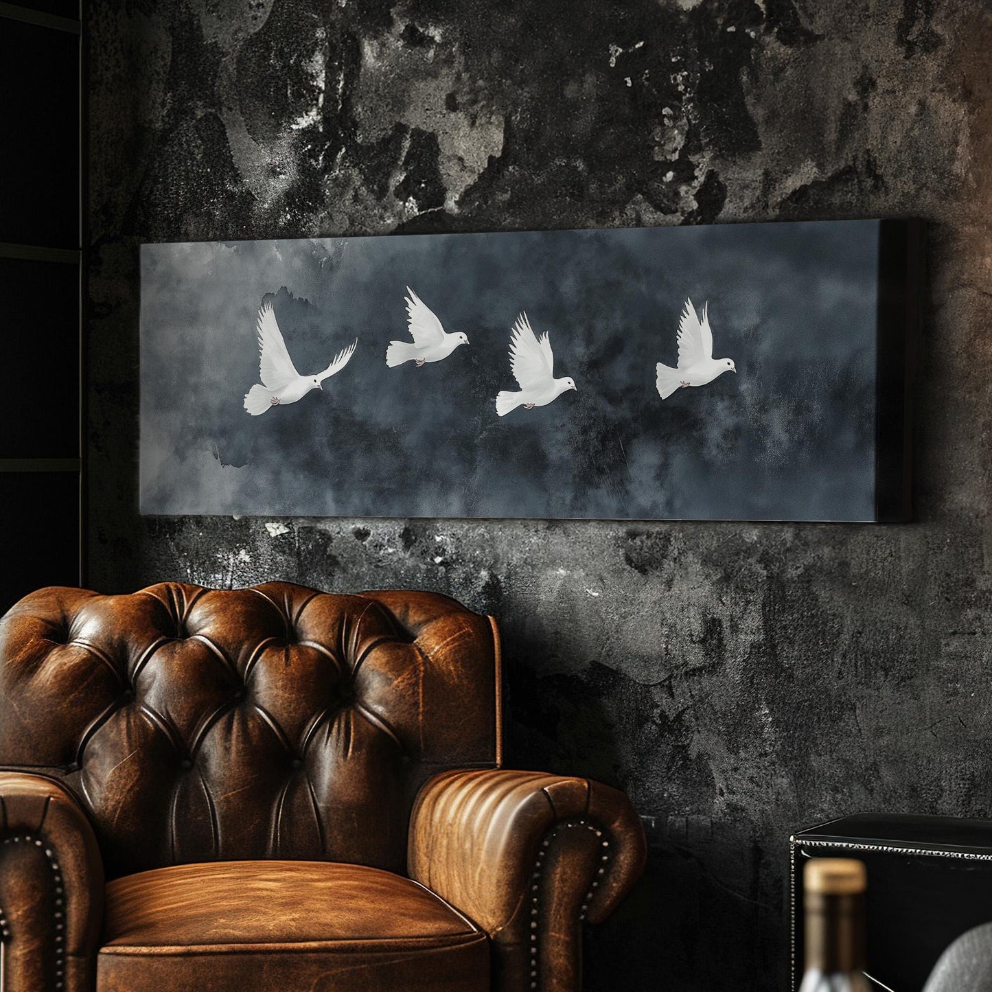Flock of White Doves Panoramic Peaceful Night, Minimal Flying Bird Canvas Print, The long Travel Printed Canvas Art