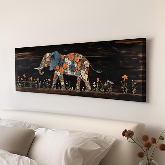 Floral Wood Elephant Panoramic African Elephant, Minimal Animal Lover Canvas Print, Boho Japandi Printed Canvas Art