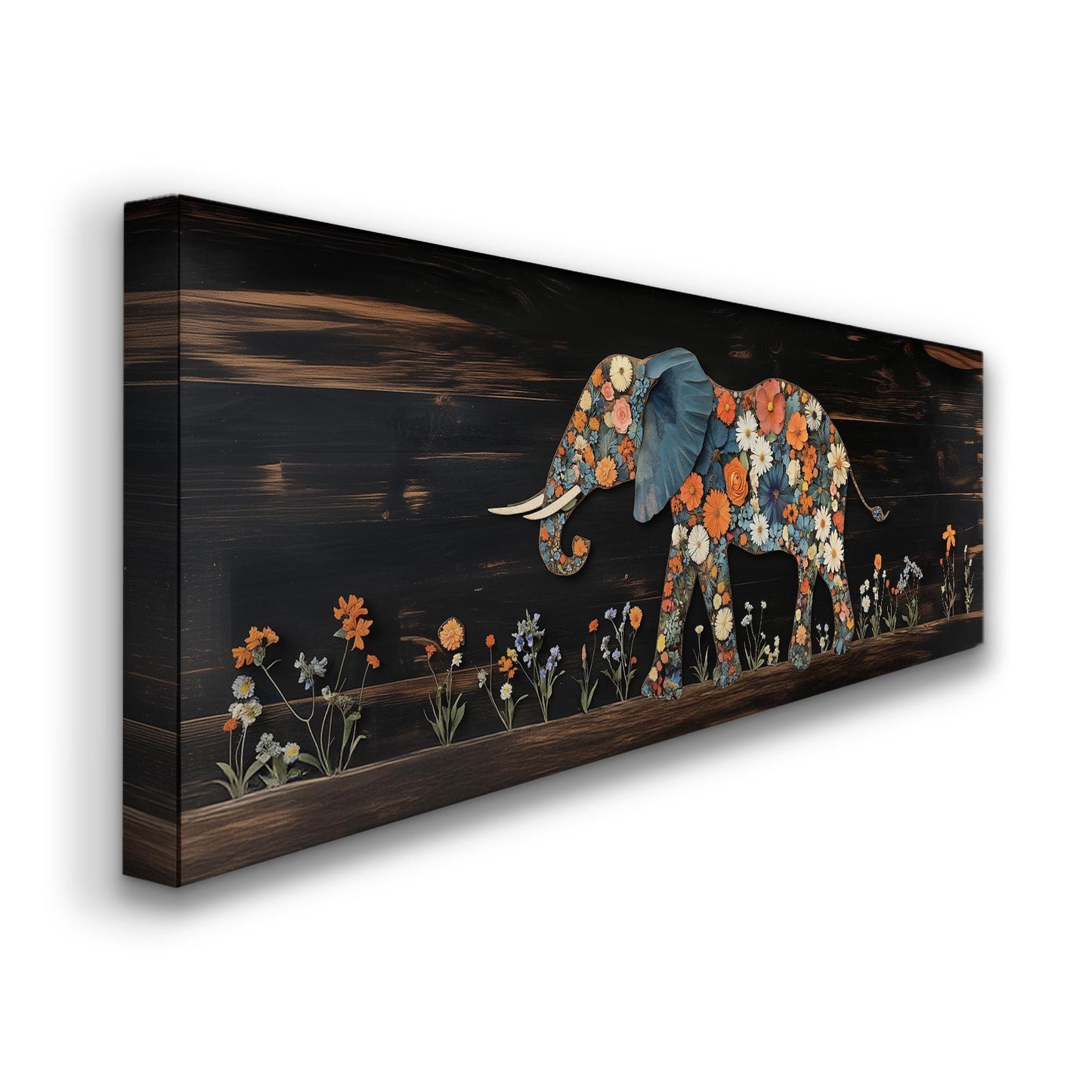 Floral Wood Elephant Panoramic African Elephant, Minimal Animal Lover Canvas Print, Boho Japandi Printed Canvas Art