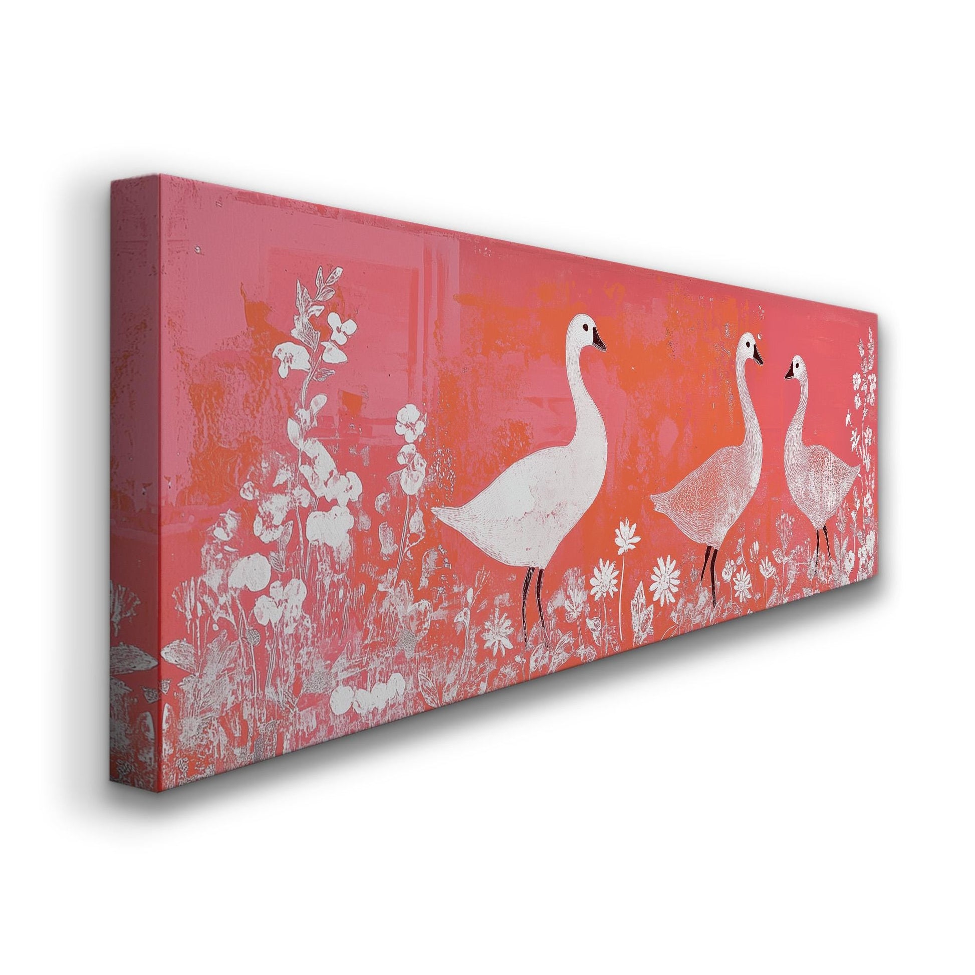 Geese and Wildflowers Canvas Print: Minimalist Folk Art, Orange Tones