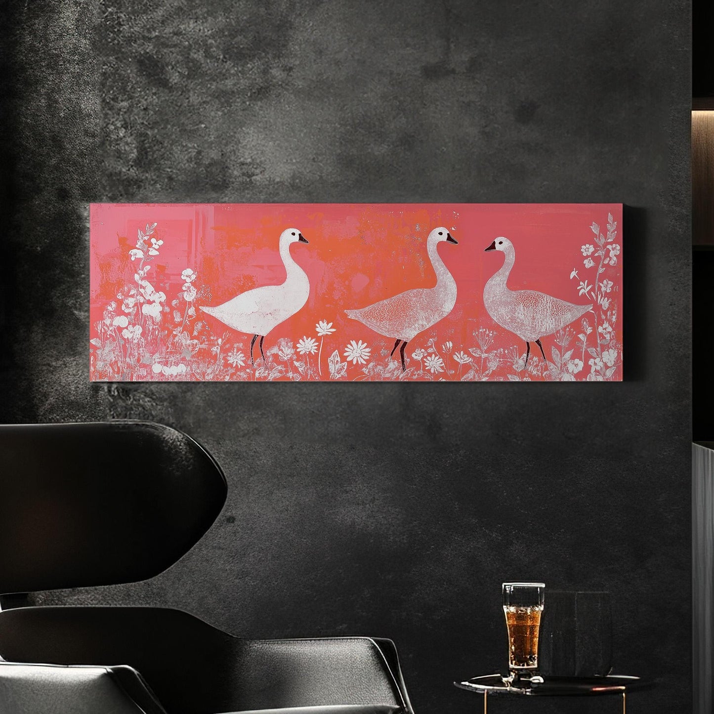 Geese and Wildflowers Canvas Print: Minimalist Folk Art, Orange Tones