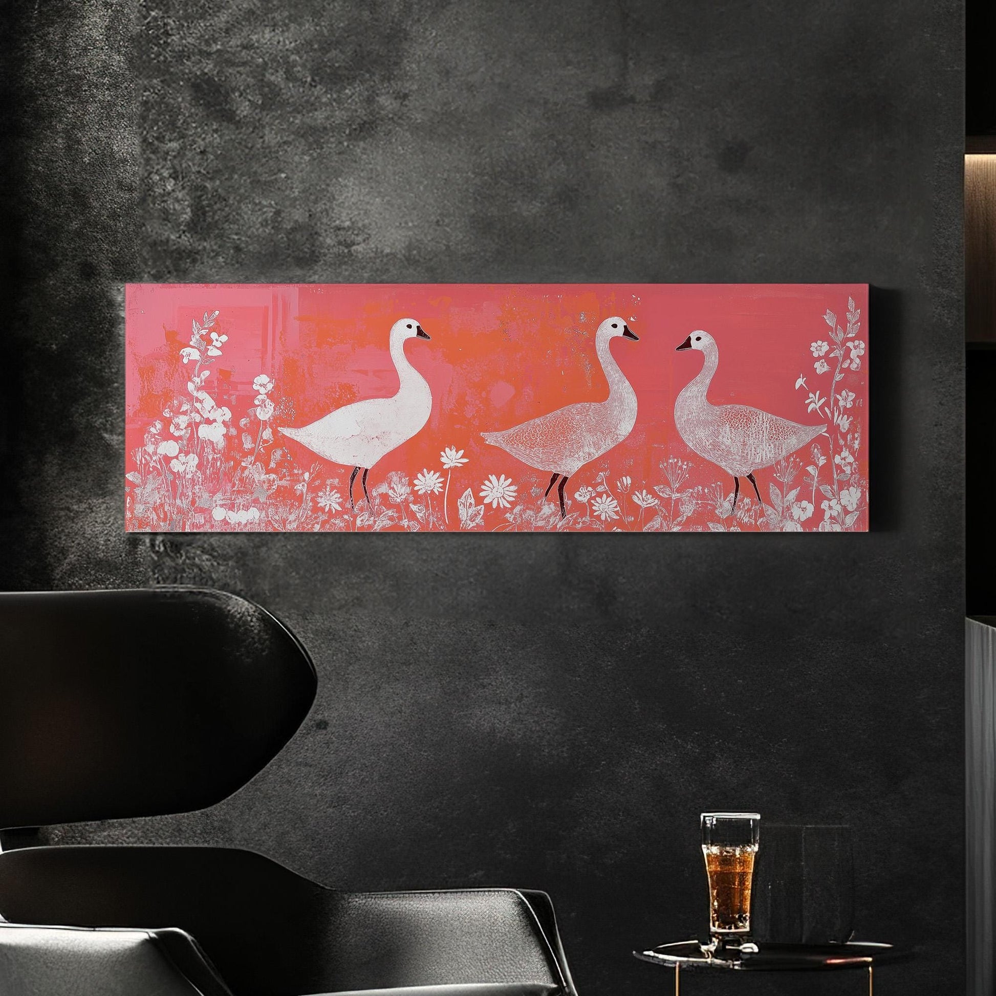 Geese and Wildflowers Canvas Print: Minimalist Folk Art, Orange Tones