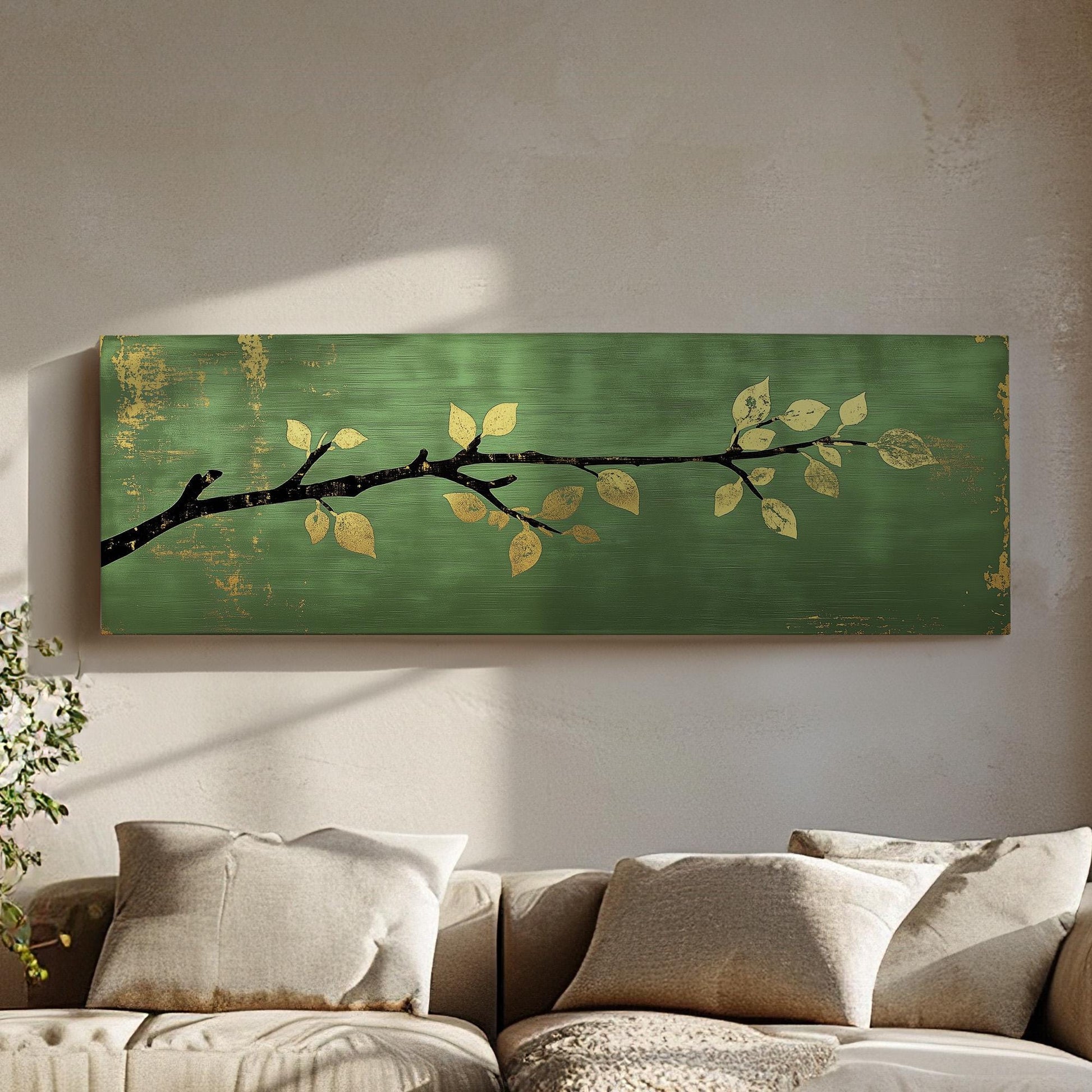 Golden Apple Branch Panoramic Green Moody, Minimal Farmhouse Country Canvas Print, Nature Bloom Printed Canvas Art