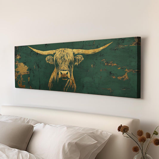 Green And Gold Texas Longhorn Portrait Panoramic Farmhouse, Minimal Country Charm Canvas Print, Vintage Ranch Printed Canvas Art
