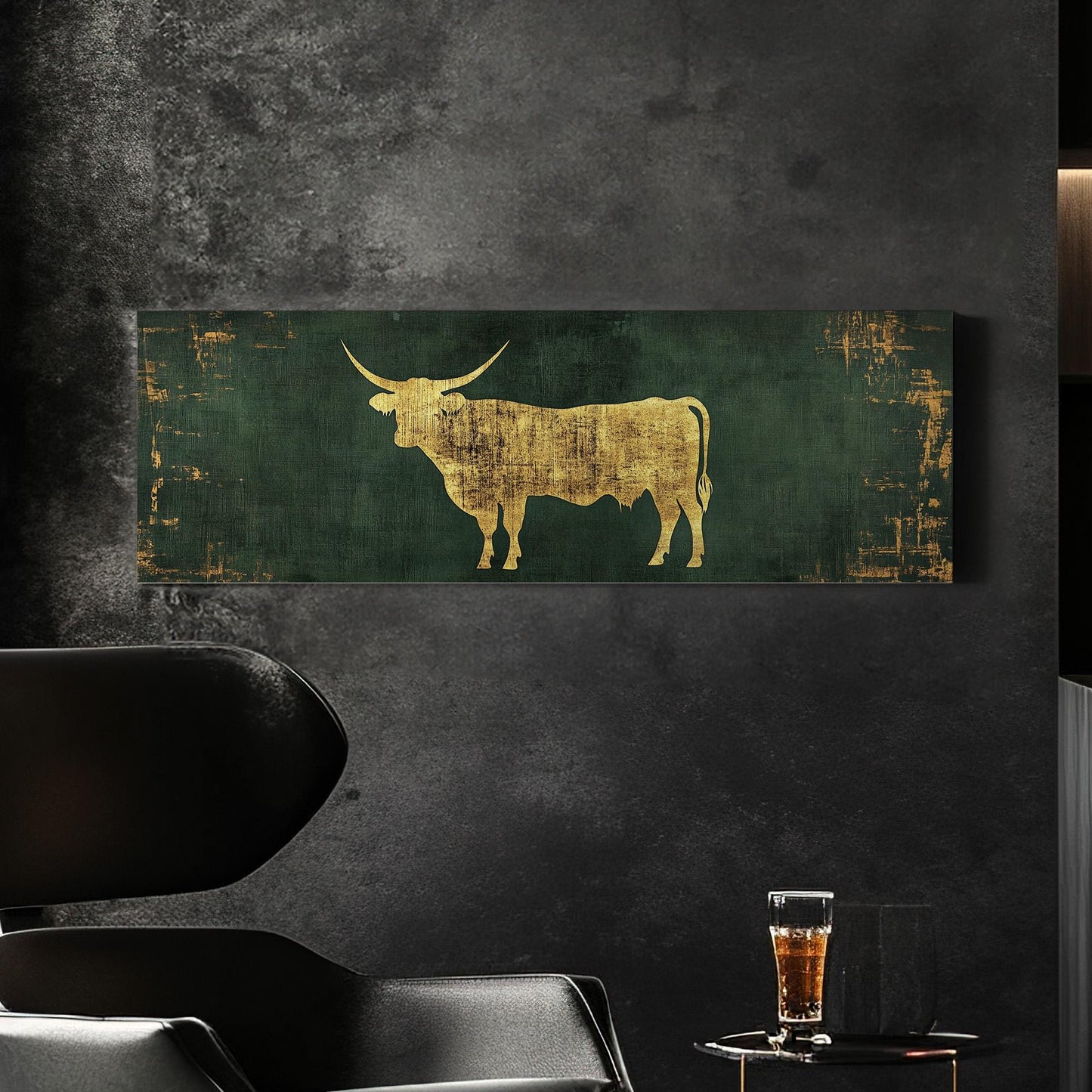 Texas Longhorn Canvas Print: Green and Gold Farmhouse Art