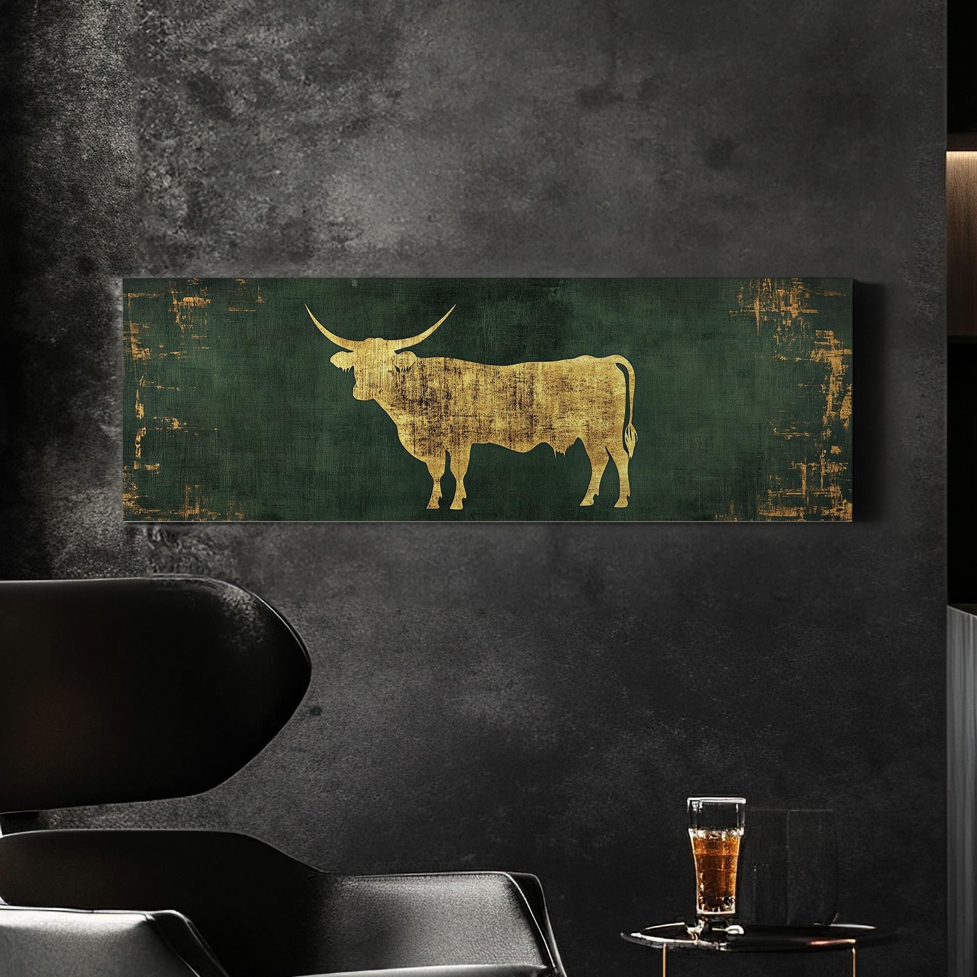 Texas Longhorn Canvas Print: Green and Gold Farmhouse Art
