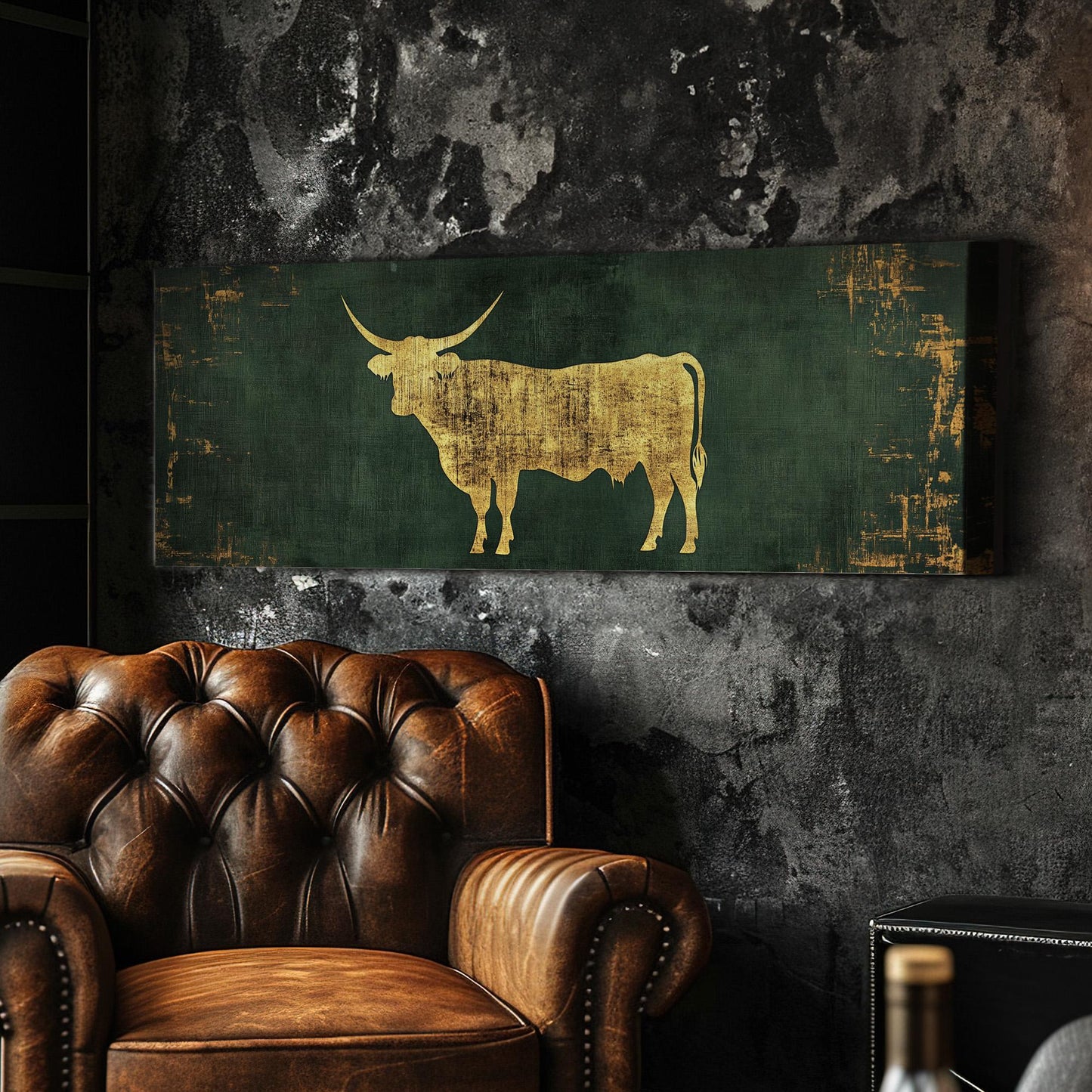 Texas Longhorn Canvas Print: Green and Gold Farmhouse Art
