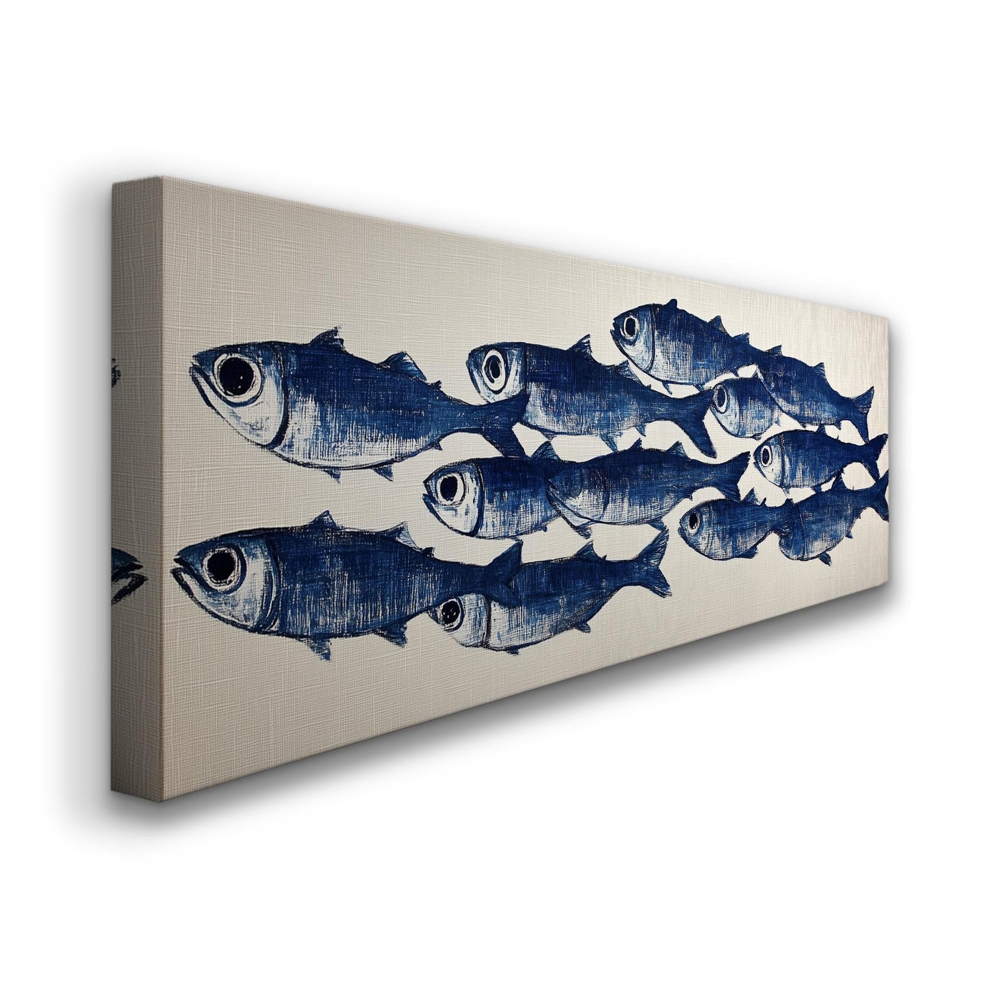 Group Of Sardines Theme Panoramic Ocean Charm, Minimal Seaside Serenity Canvas Print, Rustic Vibes Printed Canvas Art