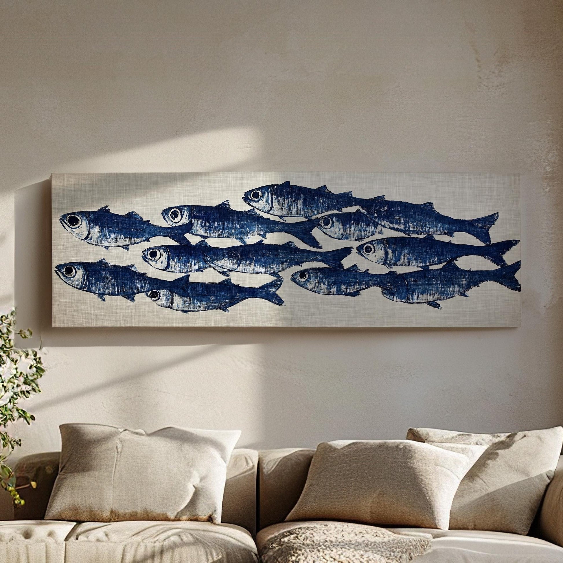 Group Of Sardines Theme Panoramic Ocean Charm, Minimal Seaside Serenity Canvas Print, Rustic Vibes Printed Canvas Art