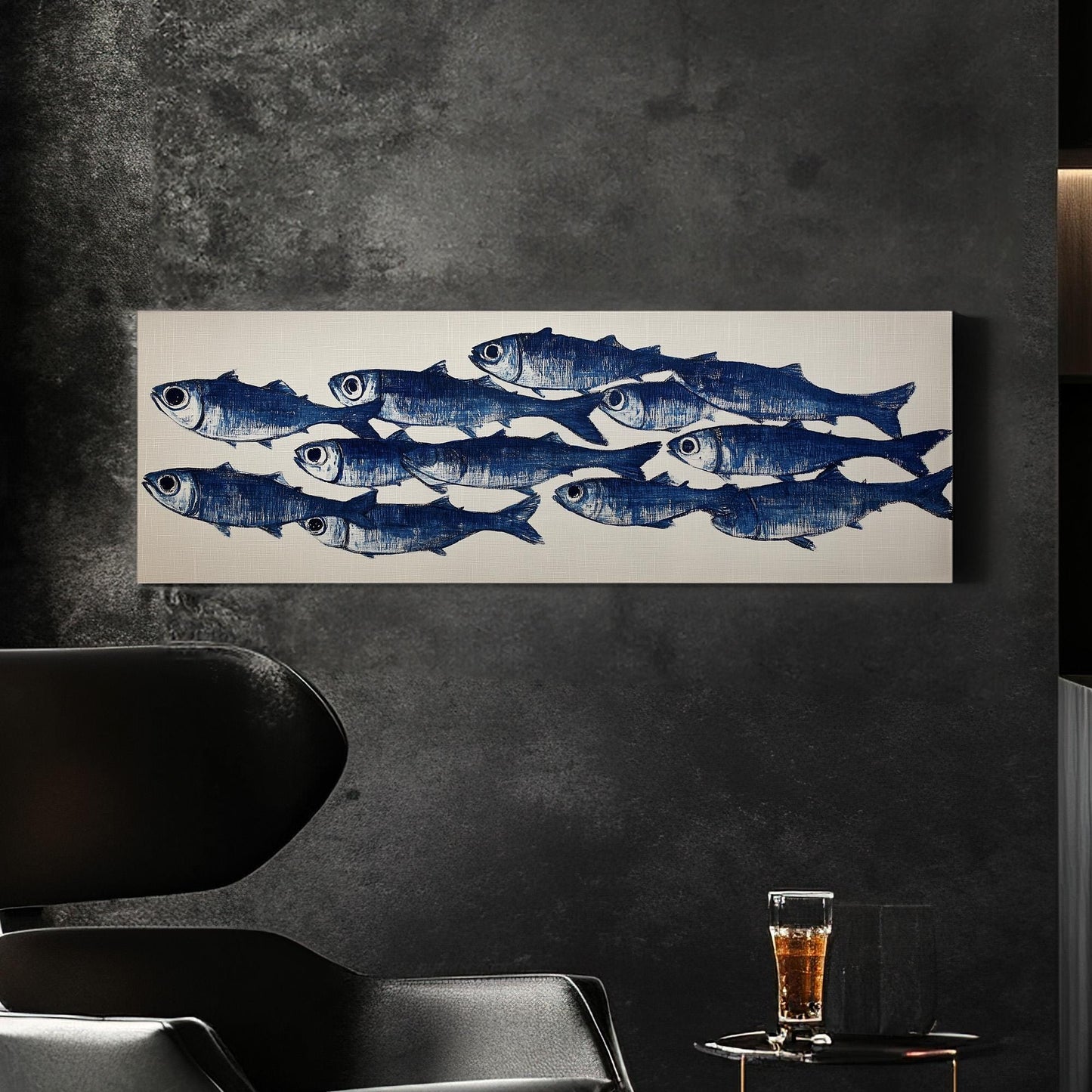 Group Of Sardines Theme Panoramic Ocean Charm, Minimal Seaside Serenity Canvas Print, Rustic Vibes Printed Canvas Art