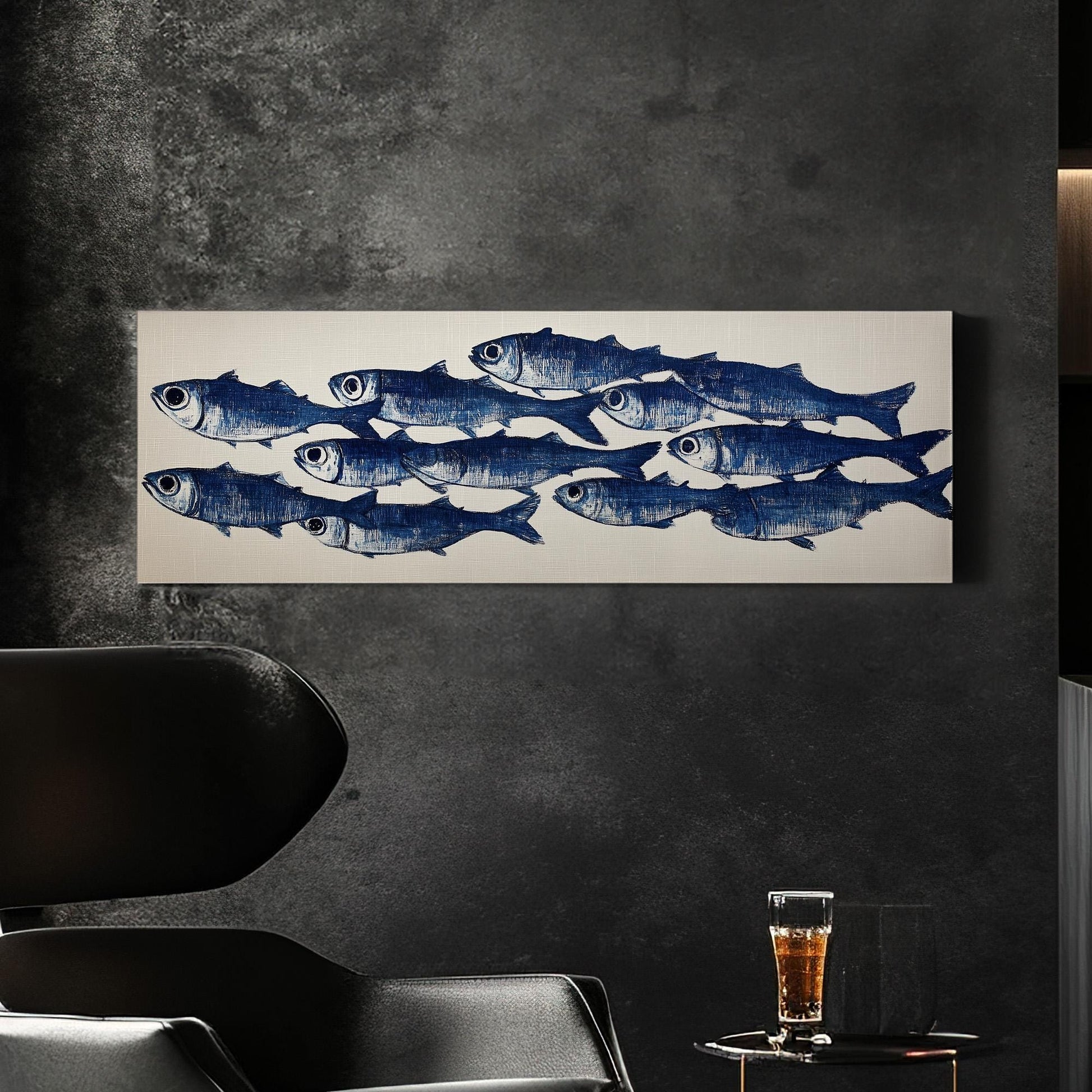 Group Of Sardines Theme Panoramic Ocean Charm, Minimal Seaside Serenity Canvas Print, Rustic Vibes Printed Canvas Art