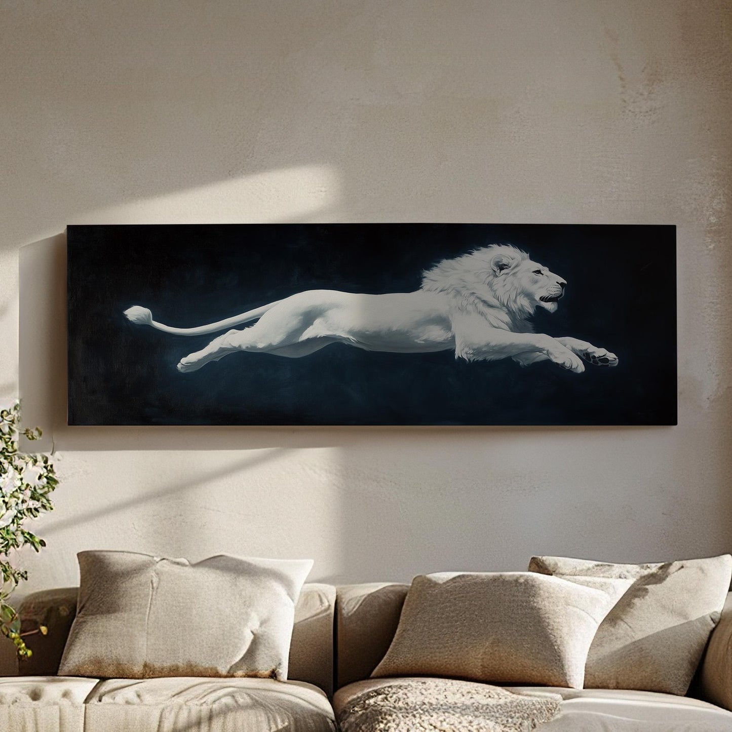 Majestic White Lion Panoramic Rustic, Minimal Wild Serenity Canvas Print, Moody Minimal Printed Canvas Art