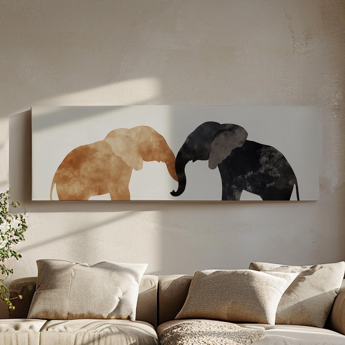 Minimal Elephant Couple Panoramic African Elephant, Minimal Animal Lover Canvas Print, Boho Japandi Printed Canvas Art