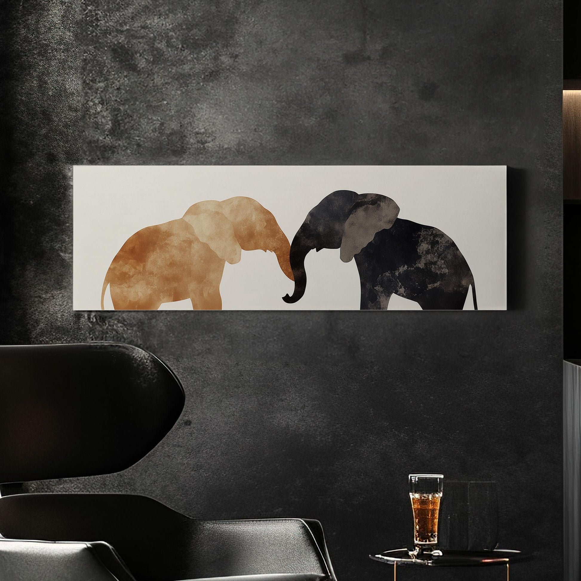 Minimal Elephant Couple Panoramic African Elephant, Minimal Animal Lover Canvas Print, Boho Japandi Printed Canvas Art