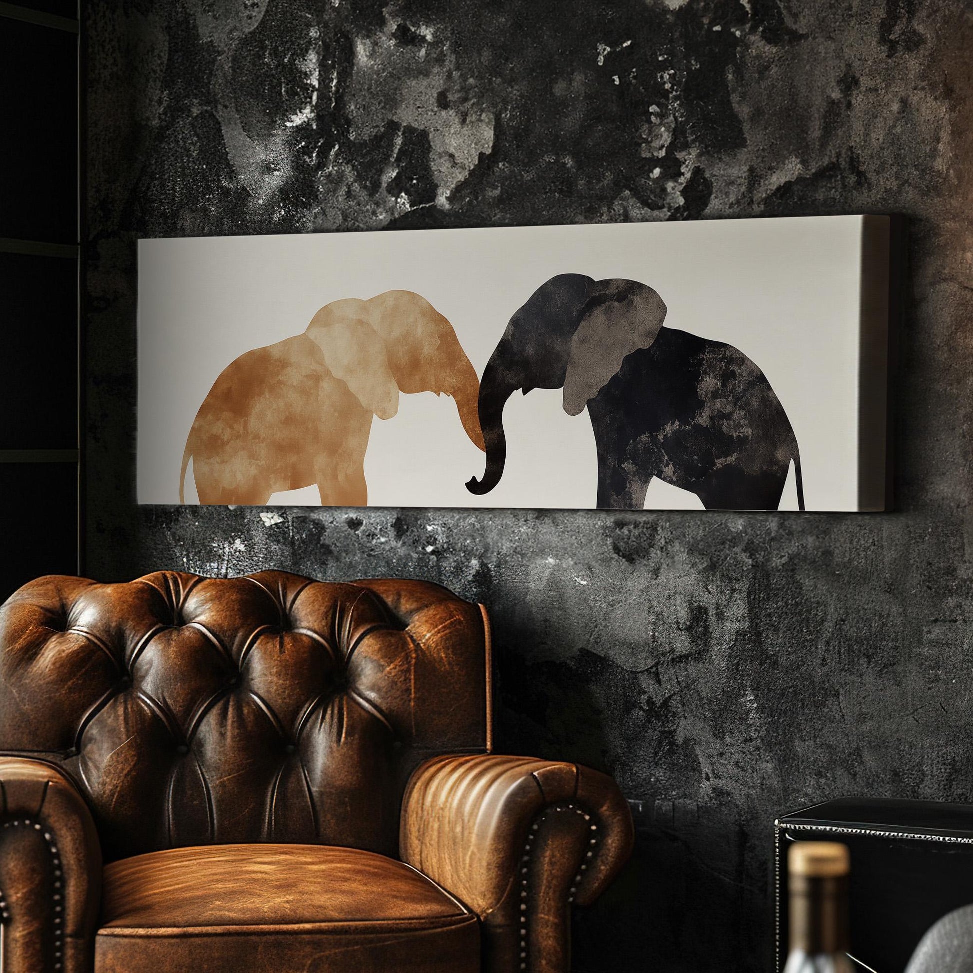 Minimal Elephant Couple Panoramic African Elephant, Minimal Animal Lover Canvas Print, Boho Japandi Printed Canvas Art