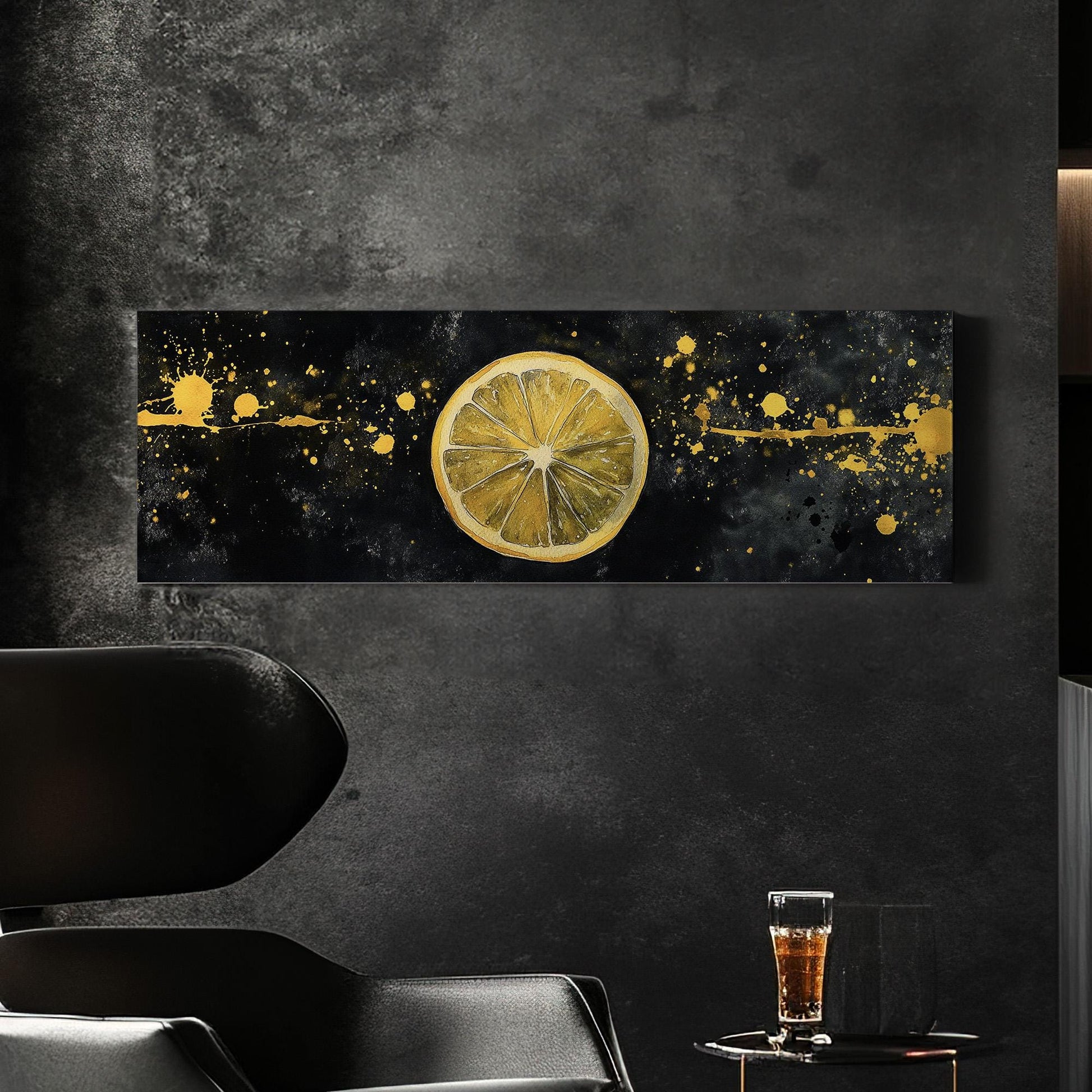 Minimal Lemon Slice Panoramic Farmhouse Kitchen, Minimal Citrus Colors Canvas Print, Country Art Printed Canvas Art