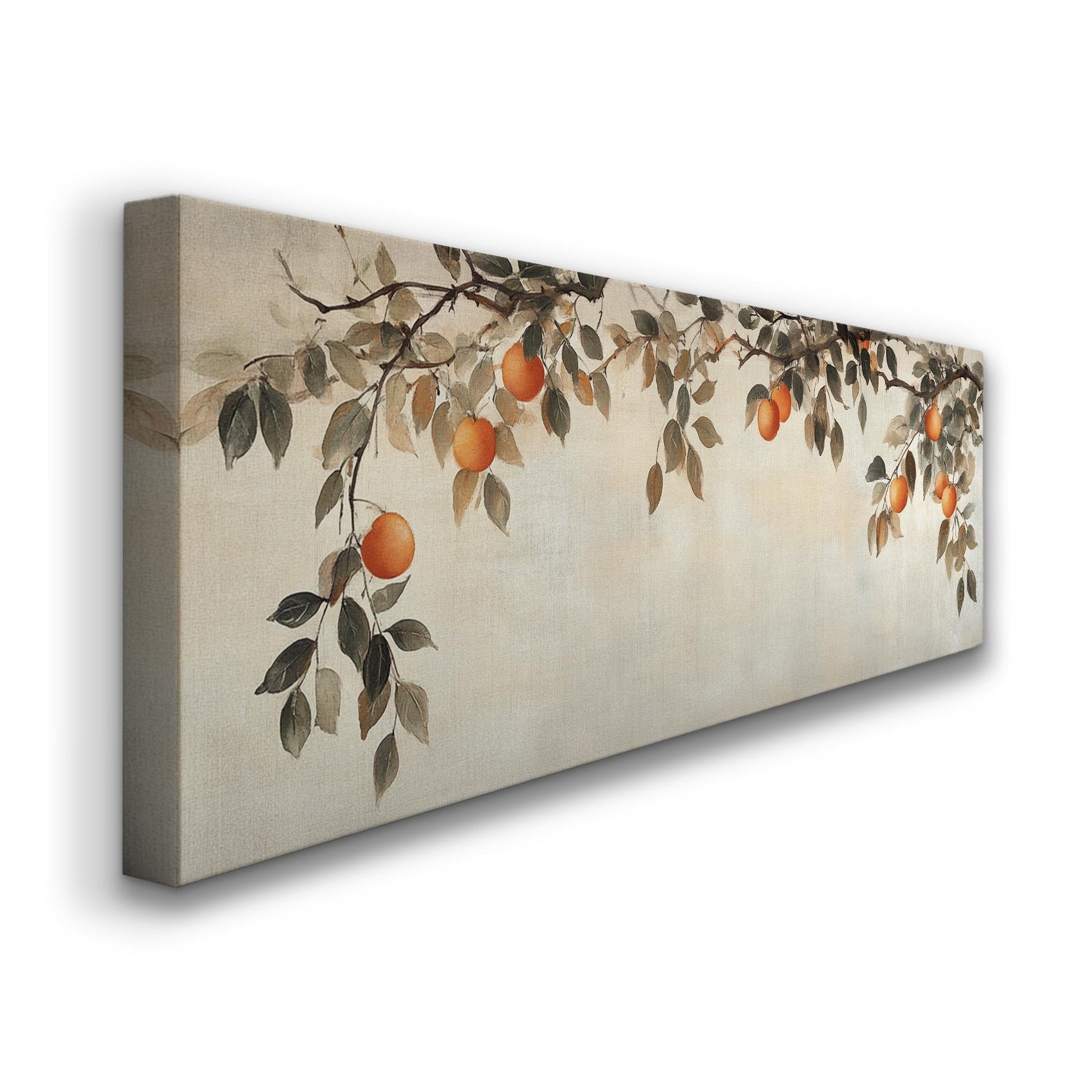 Moody Orange Branch Panoramic Fresh Citrus, Minimal Kitchen Wall Canvas Print, Country Style Printed Canvas Art