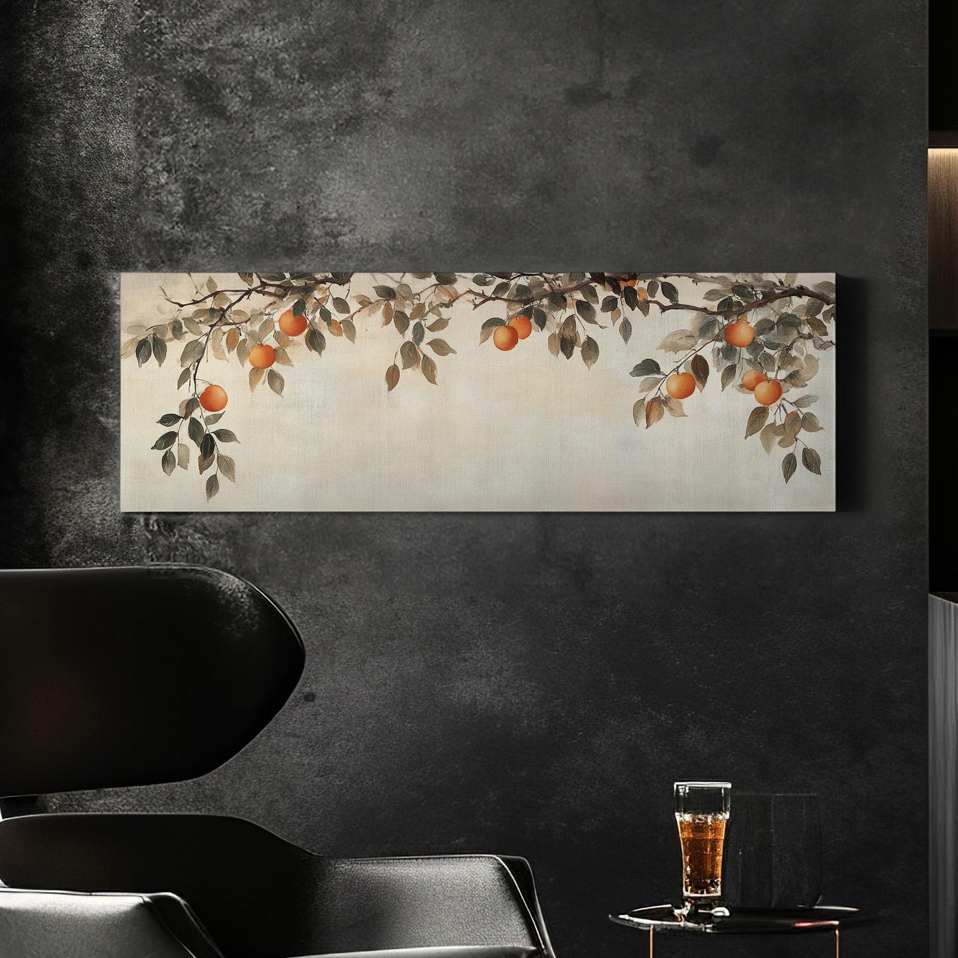 Moody Orange Branch Panoramic Fresh Citrus, Minimal Kitchen Wall Canvas Print, Country Style Printed Canvas Art