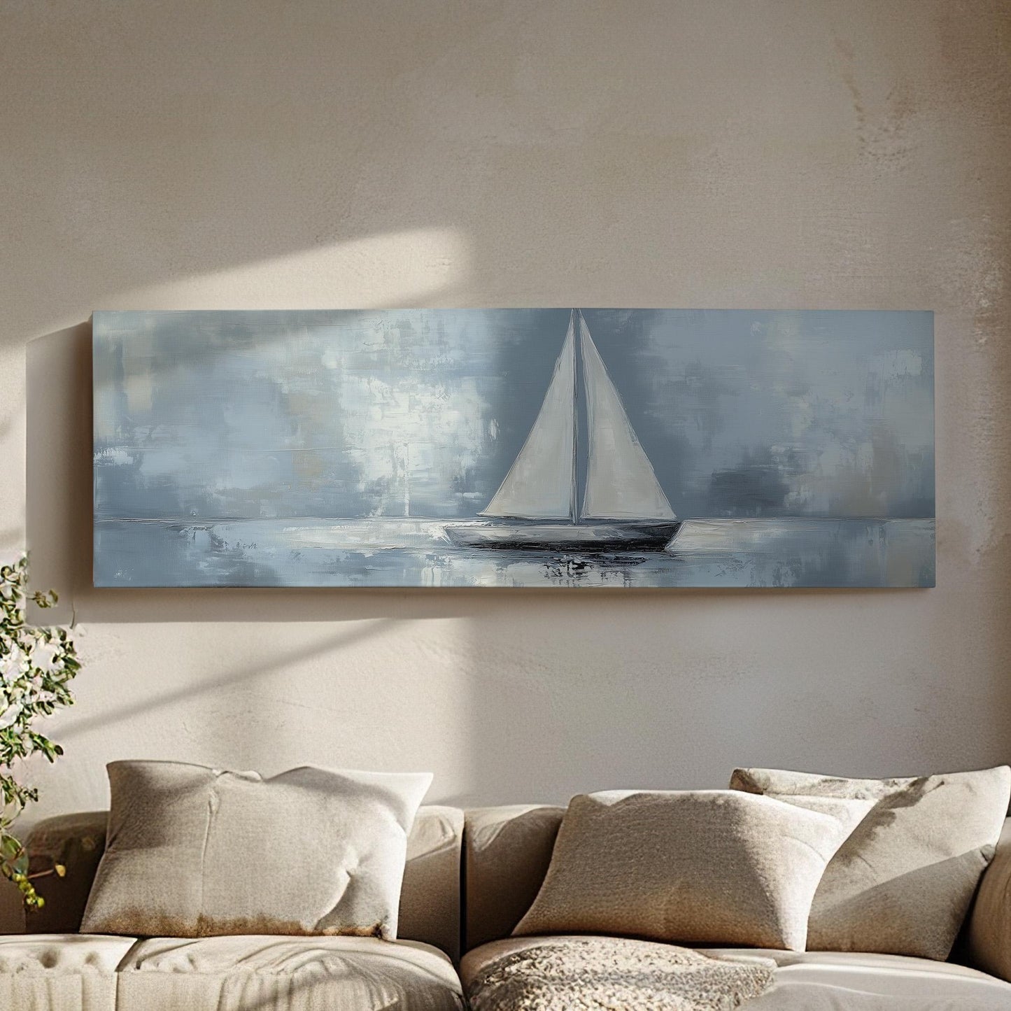 Moody Sailing Panoramic Sailboat Nautical, Minimal Rustic Sea Canvas Print, Maritime Calm Printed Canvas Art