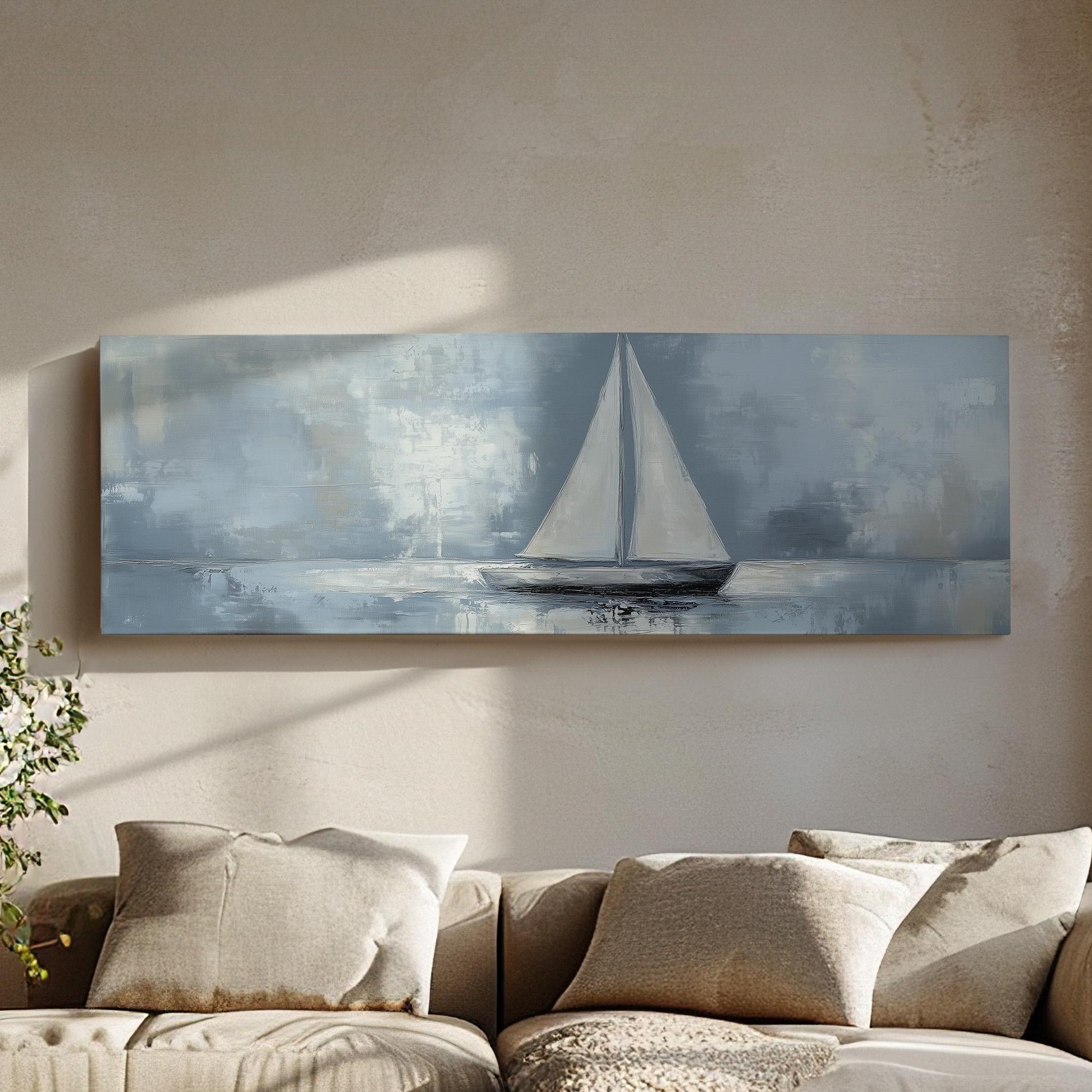 Moody Sailing Panoramic Sailboat Nautical, Minimal Rustic Sea Canvas Print, Maritime Calm Printed Canvas Art