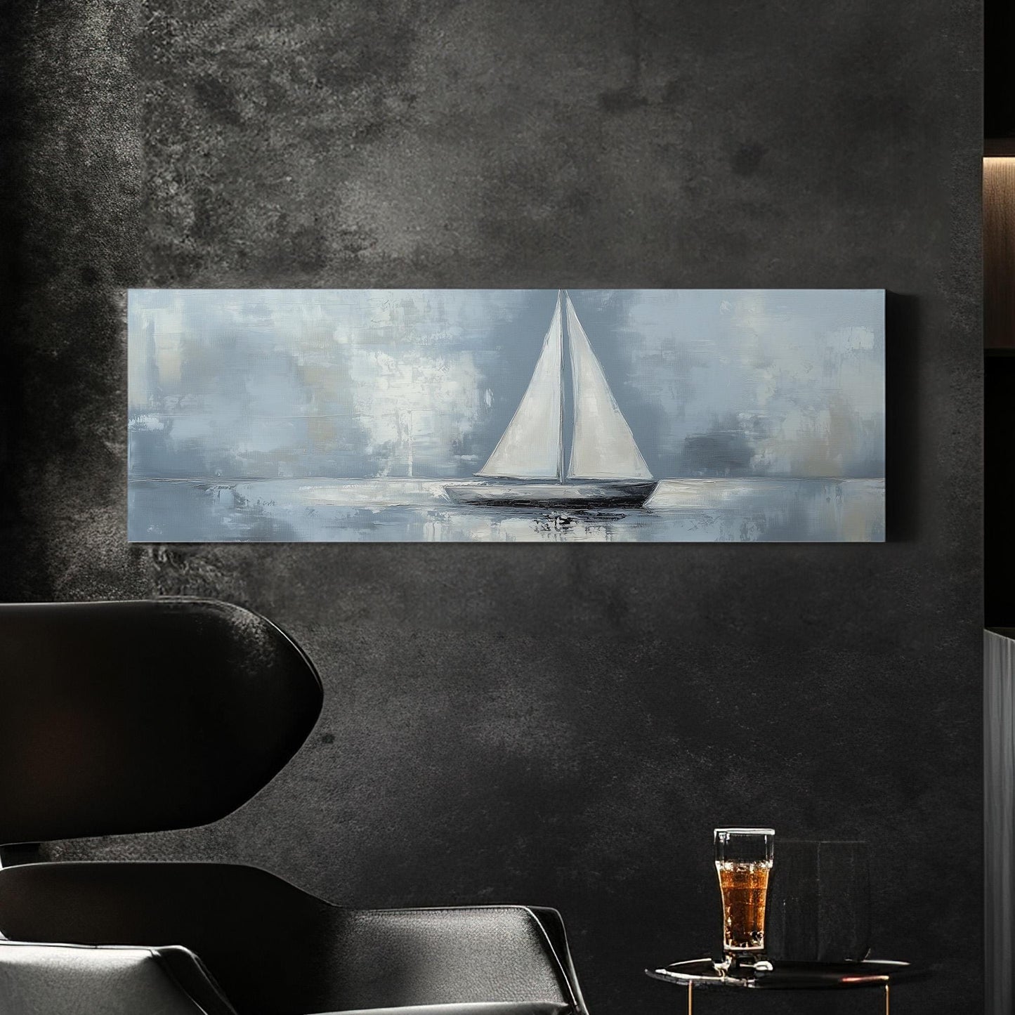 Moody Sailing Panoramic Sailboat Nautical, Minimal Rustic Sea Canvas Print, Maritime Calm Printed Canvas Art