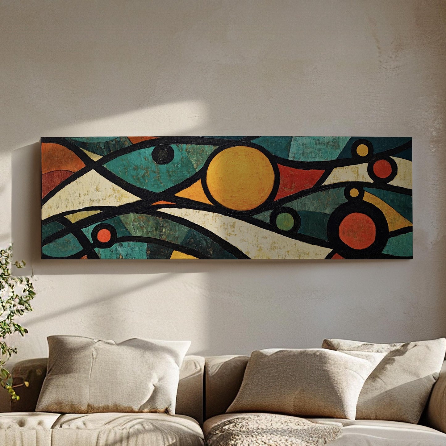 Mosaic Sun Panoramic Warm Hues, Minimal Vibrant Abstract Canvas Print, Colorful Planets Printed Canvas Art