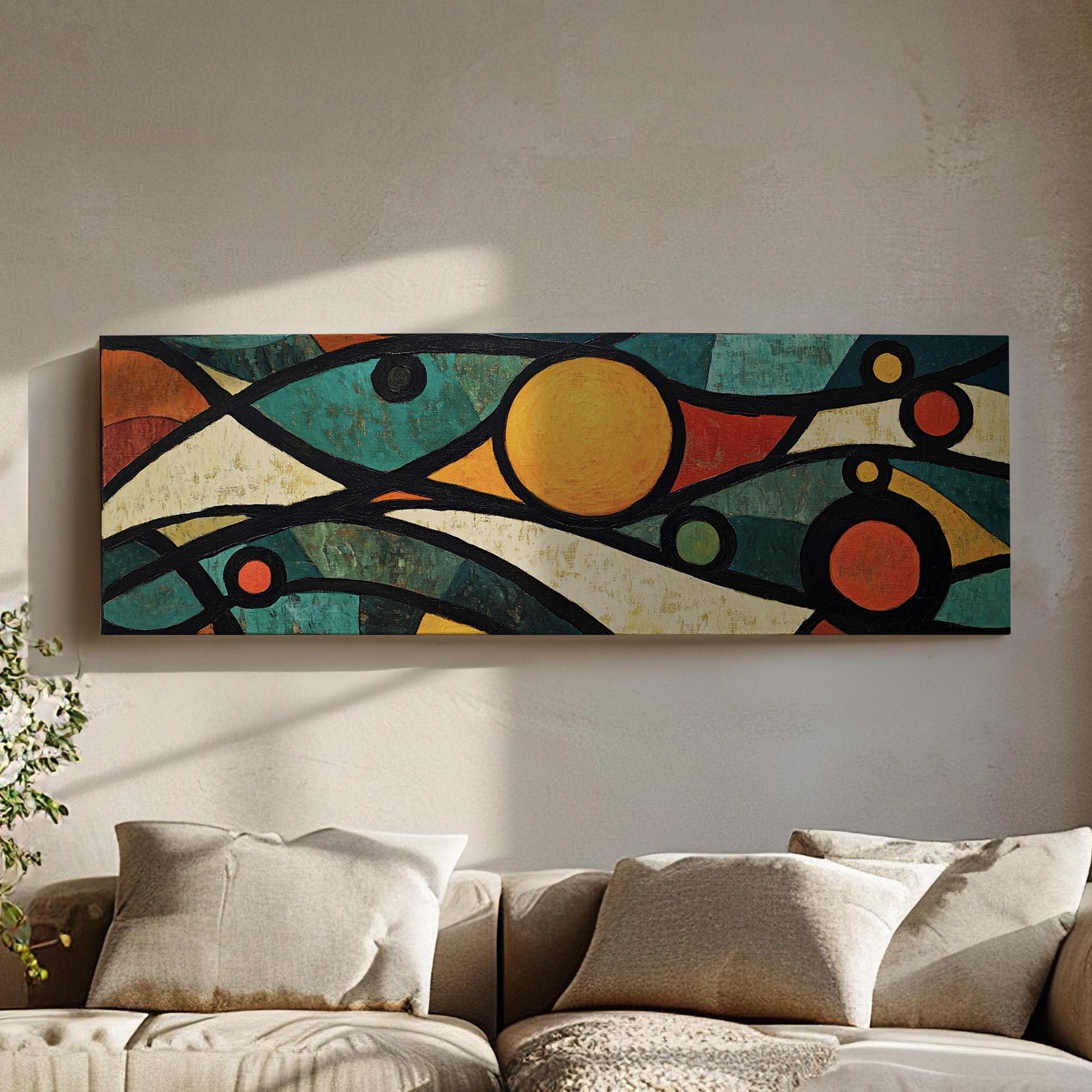 Mosaic Sun Panoramic Warm Hues, Minimal Vibrant Abstract Canvas Print, Colorful Planets Printed Canvas Art
