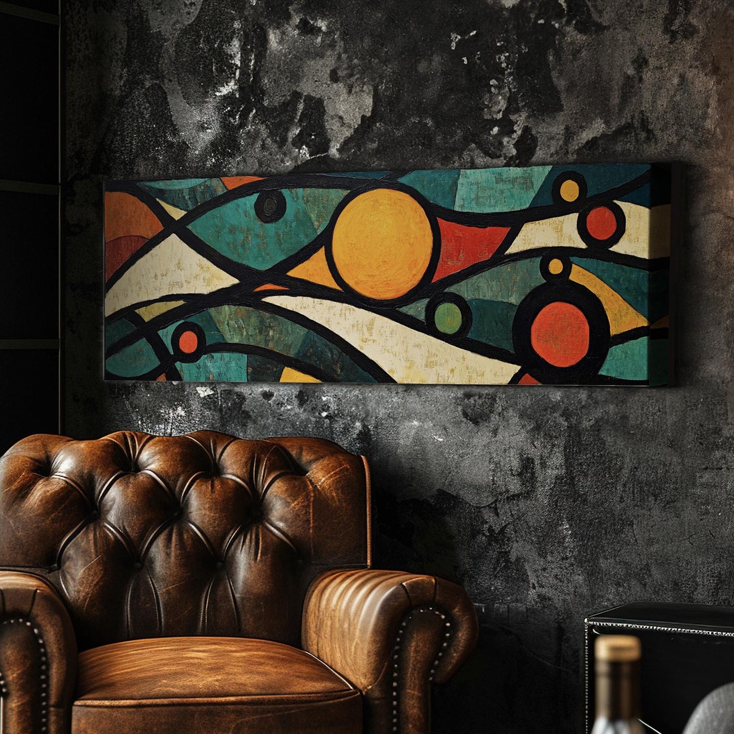 Mosaic Sun Panoramic Warm Hues, Minimal Vibrant Abstract Canvas Print, Colorful Planets Printed Canvas Art