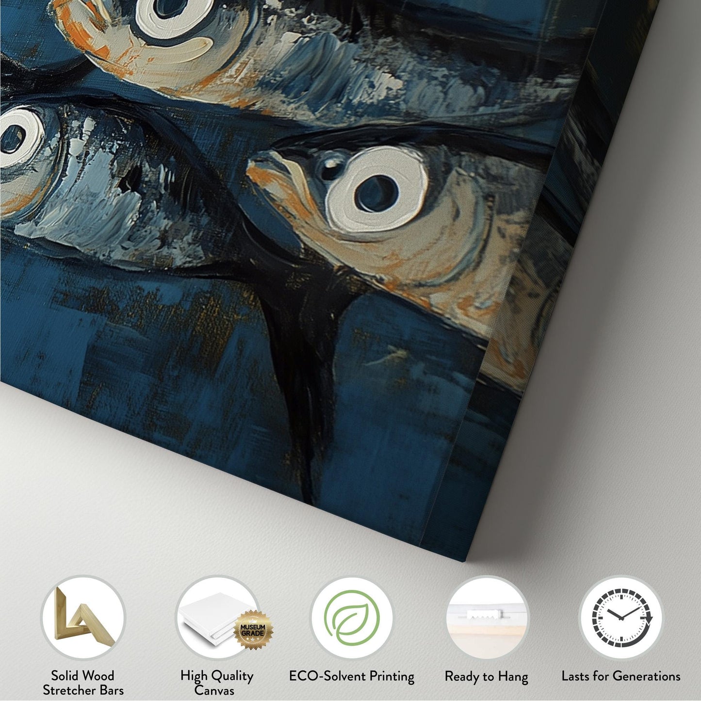 Nautical Sardines Theme Panoramic Ocean Charm, Minimal Seaside Serenity Canvas Print, Rustic Vibes Printed Canvas Art