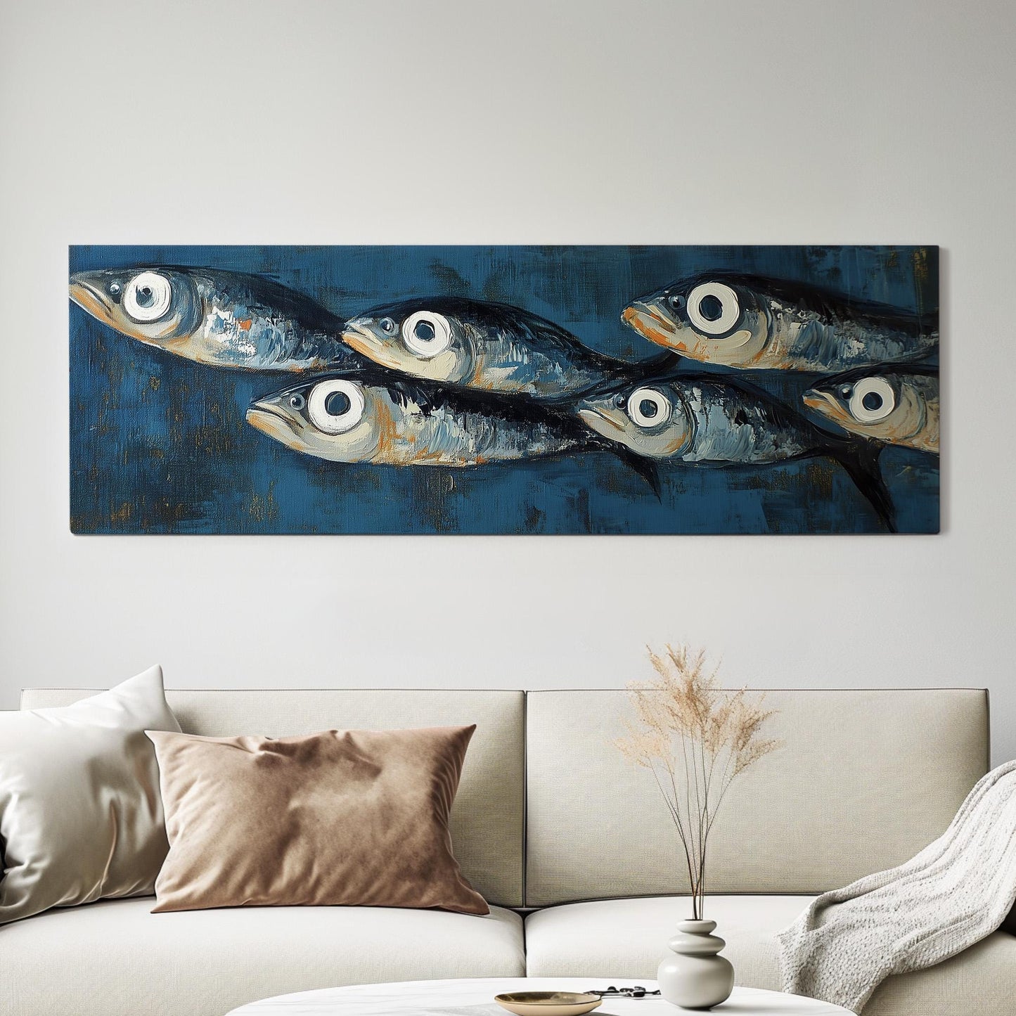 Nautical Sardines Theme Panoramic Ocean Charm, Minimal Seaside Serenity Canvas Print, Rustic Vibes Printed Canvas Art