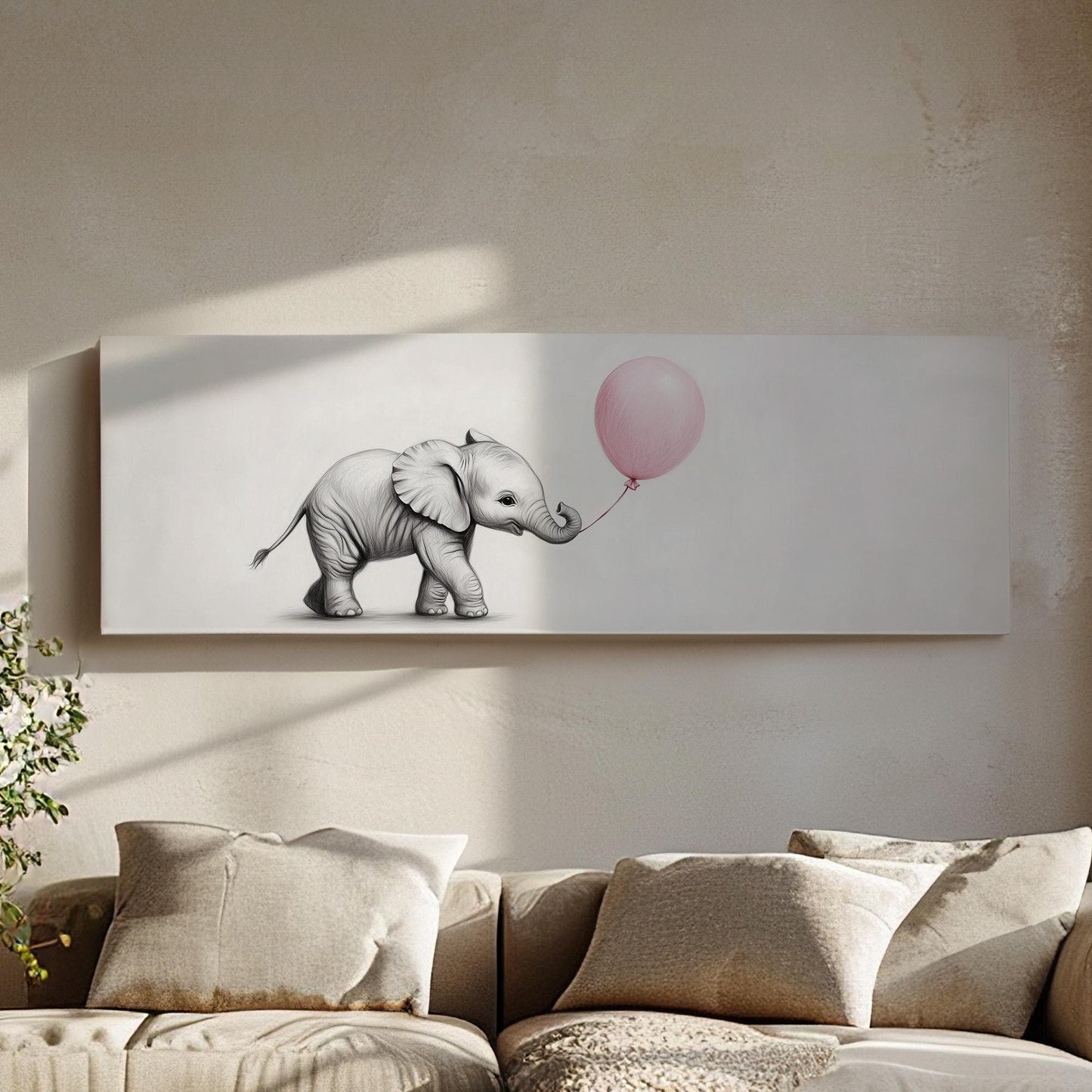 Nursery Elephant With a Balloon Panoramic African Elephant, Minimal Animal Lover Canvas Print, Boho Japandi Printed Canvas Art