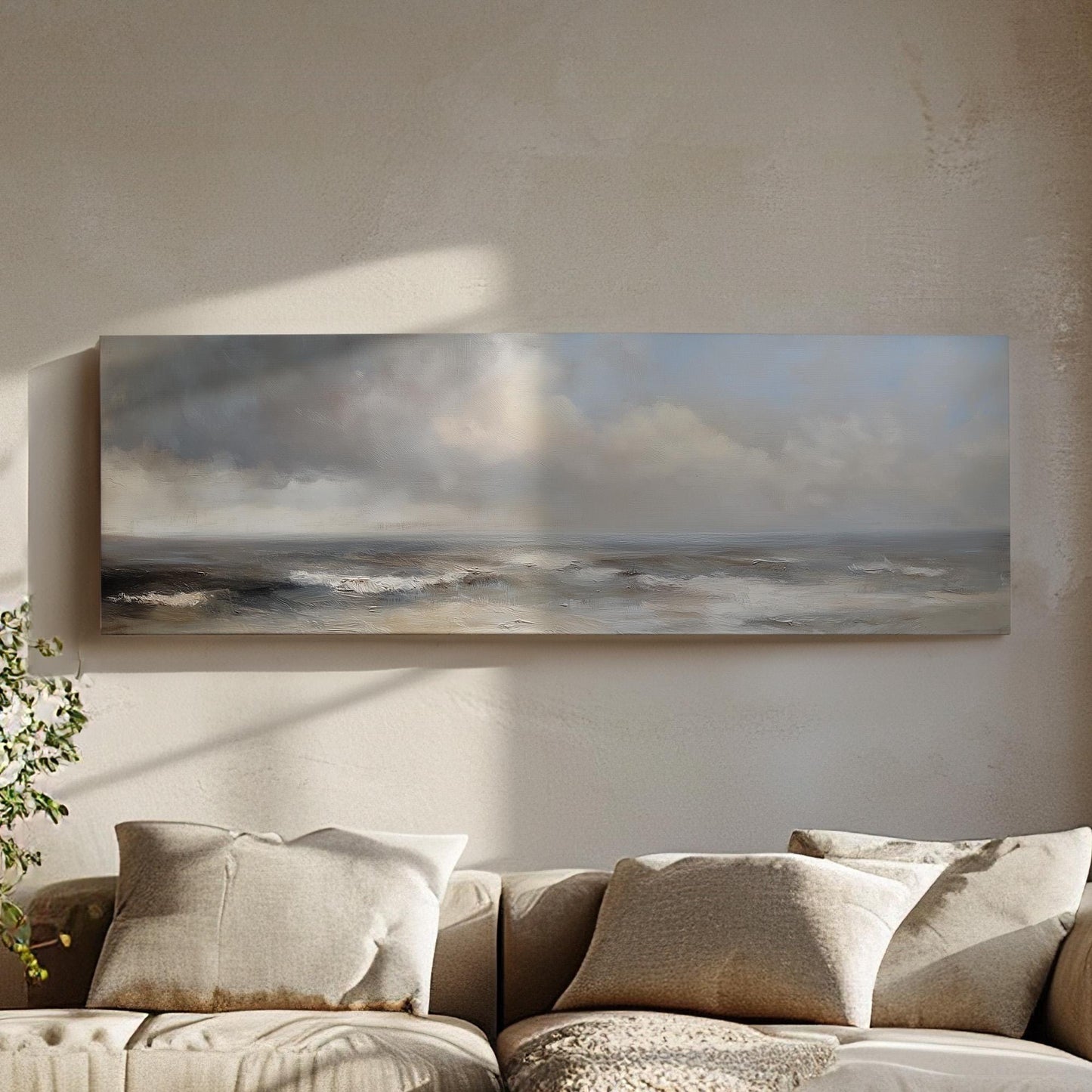 Rough Waves Panoramic Muted Beach, Minimal Nautical Art Canvas Print, Coastal Sunset Printed Canvas Art