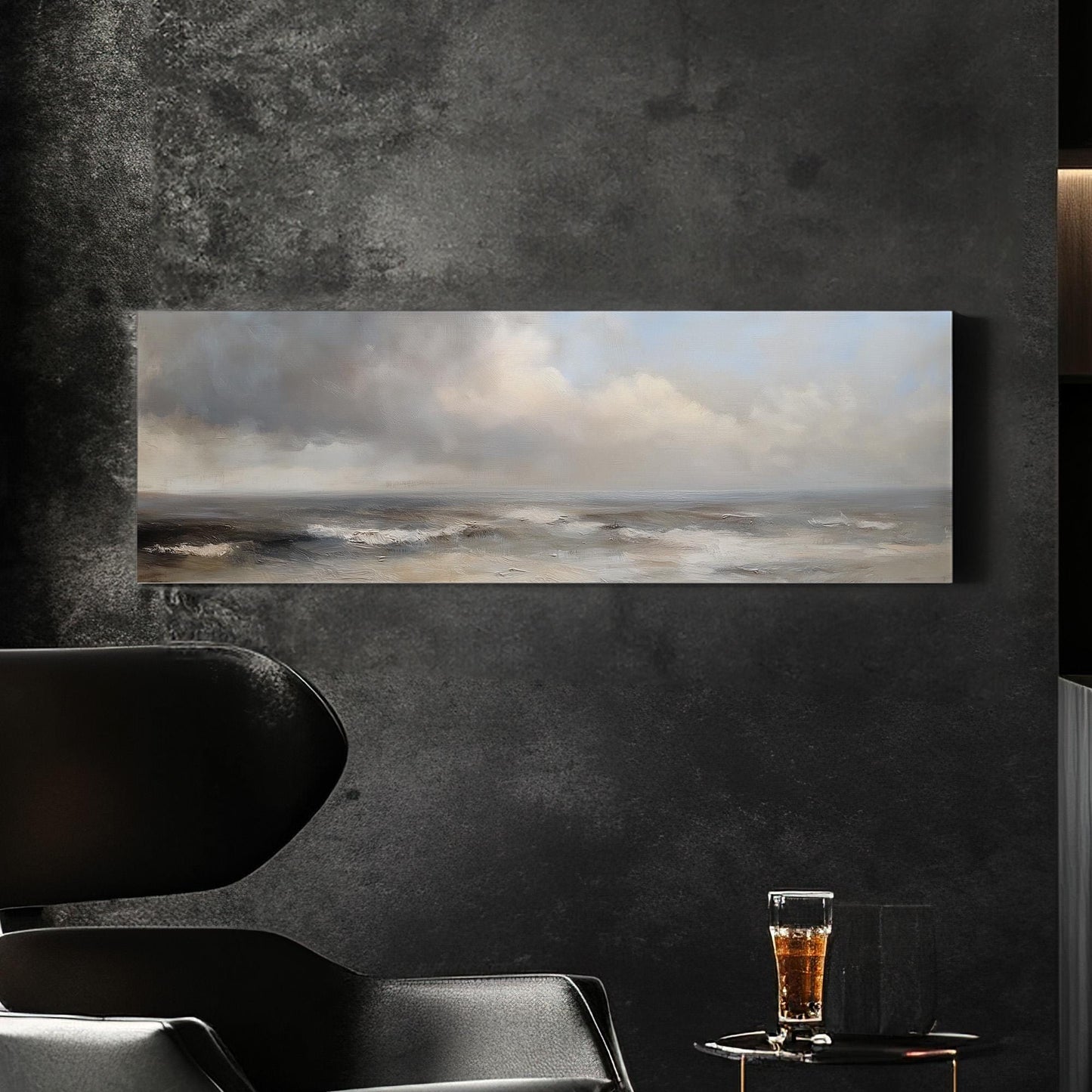 Rough Waves Panoramic Muted Beach, Minimal Nautical Art Canvas Print, Coastal Sunset Printed Canvas Art