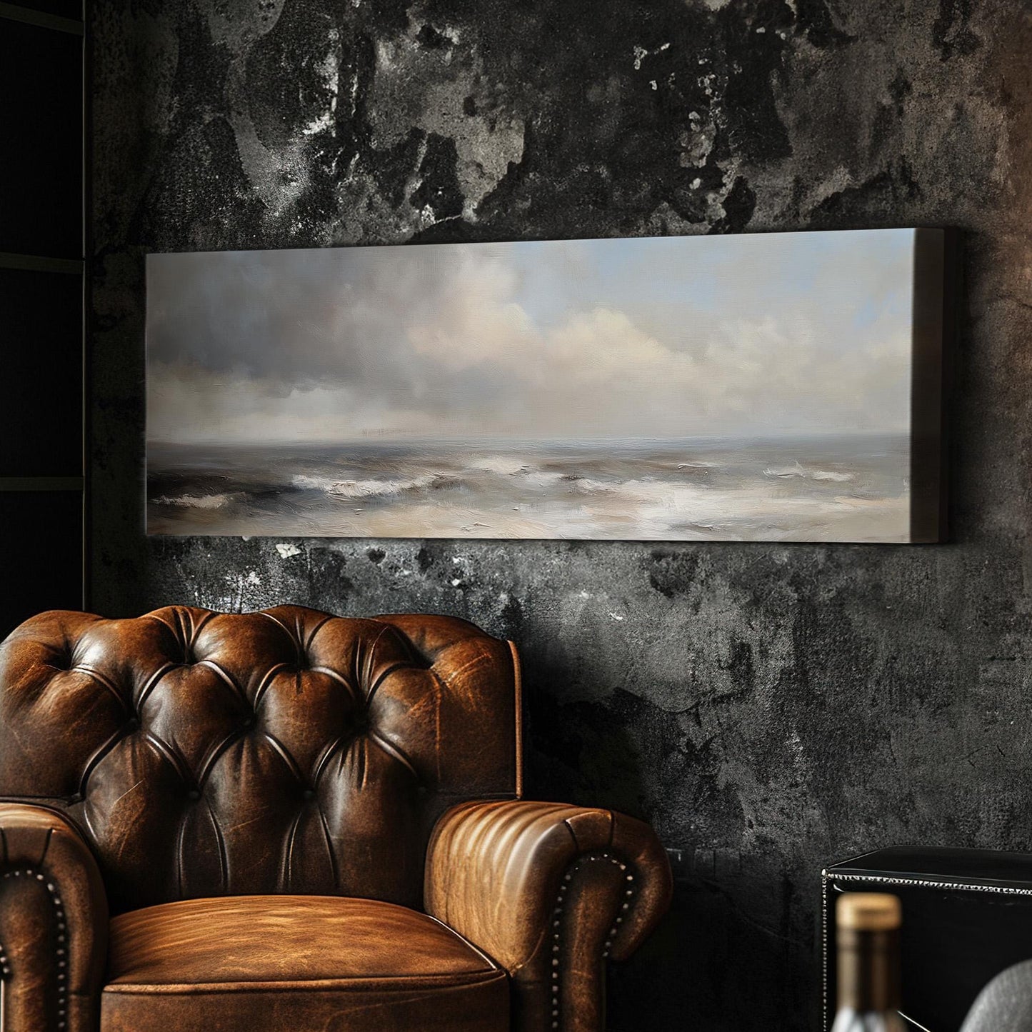 Rough Waves Panoramic Muted Beach, Minimal Nautical Art Canvas Print, Coastal Sunset Printed Canvas Art