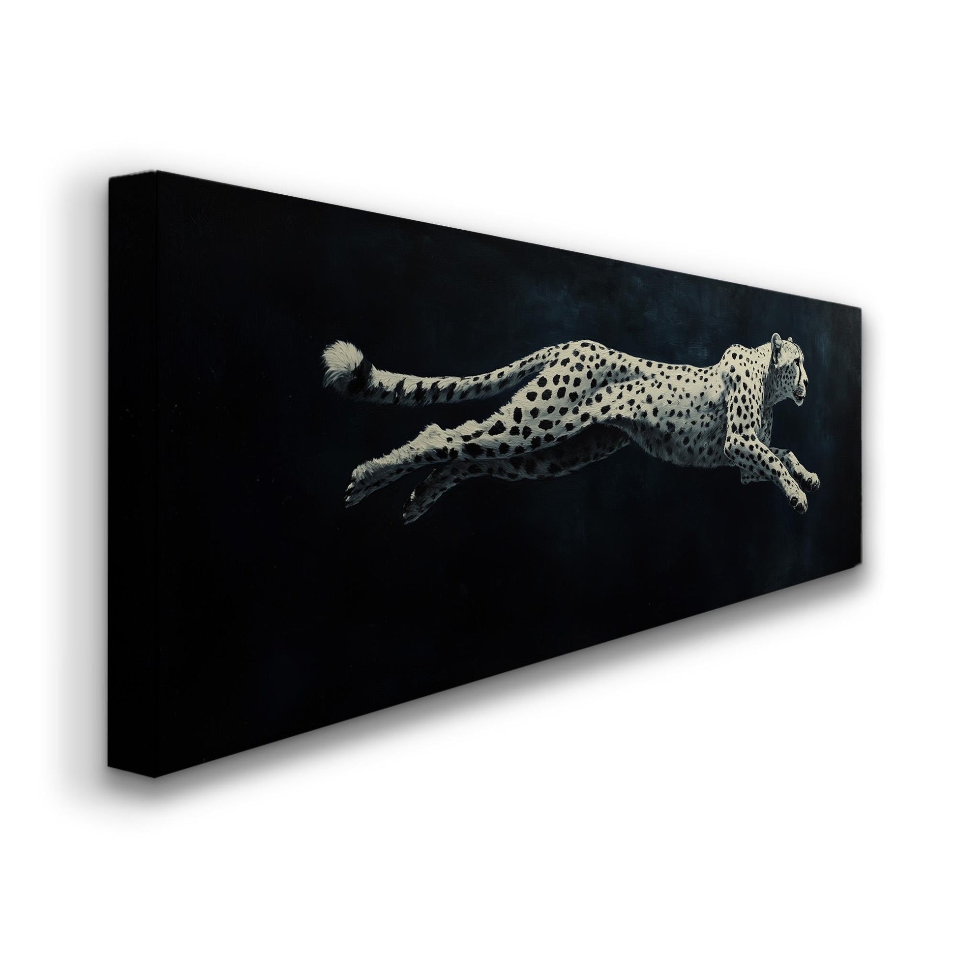 Running White Cheetah Panoramic Night Speed, Minimal Wilderness Charm Canvas Print, Dark Mood Printed Canvas Art