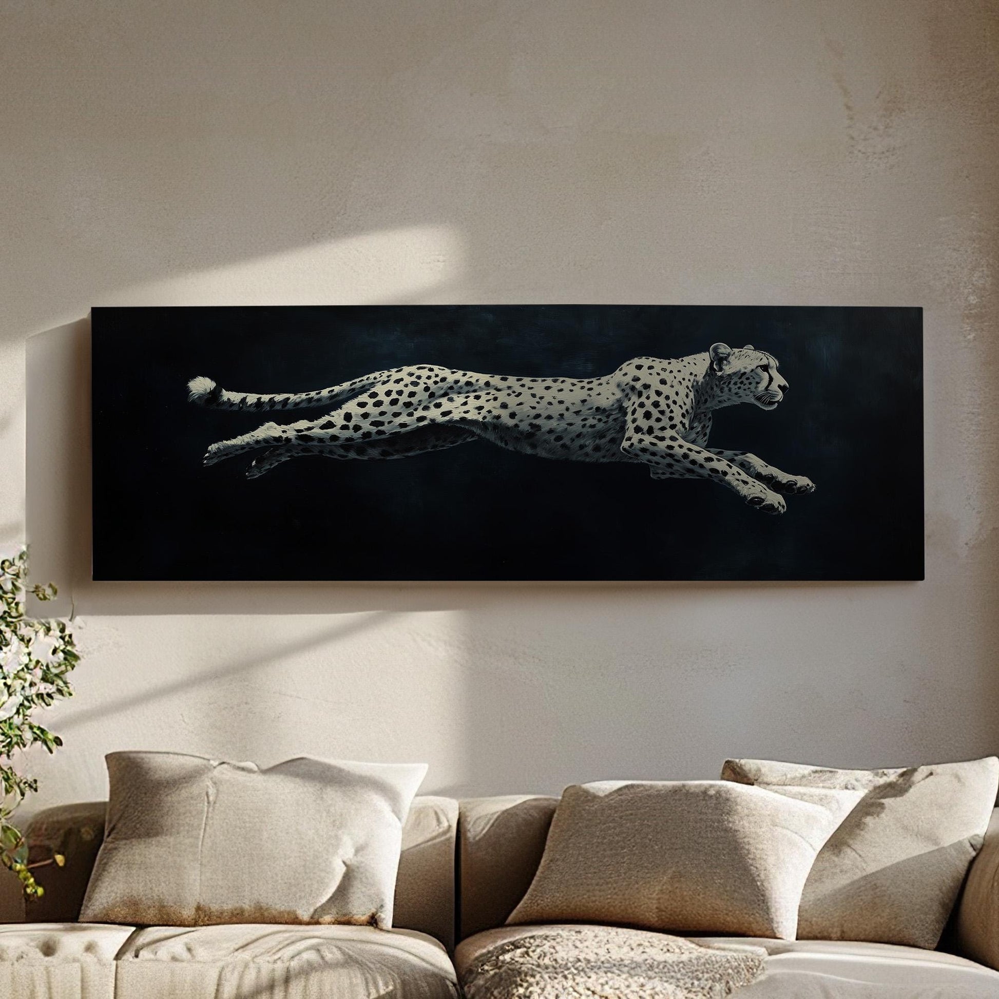 Running White Cheetah Panoramic Night Speed, Minimal Wilderness Charm Canvas Print, Dark Mood Printed Canvas Art