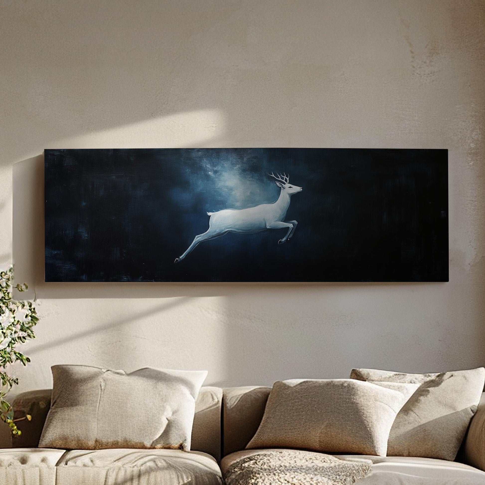 Running White Deer Panoramic Wild Serenity, Minimal Dark Horizon Canvas Print, Noble Beauty Printed Canvas Art