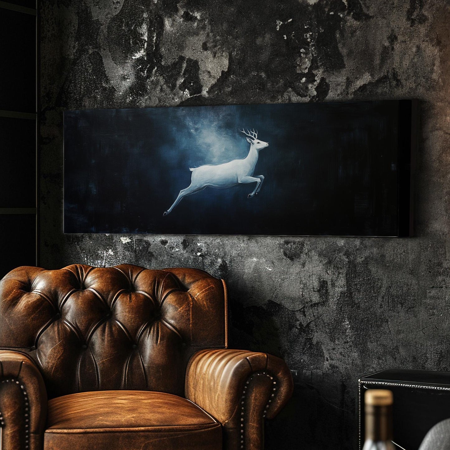 Running White Deer Panoramic Wild Serenity, Minimal Dark Horizon Canvas Print, Noble Beauty Printed Canvas Art