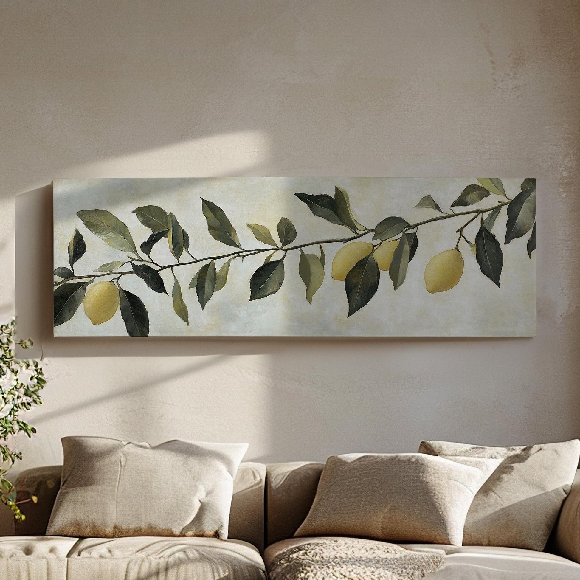 Rustic Lemon Branch Panoramic Farmhouse Kitchen, Minimal Citrus Decor Canvas Print, Country Art Printed Canvas Art