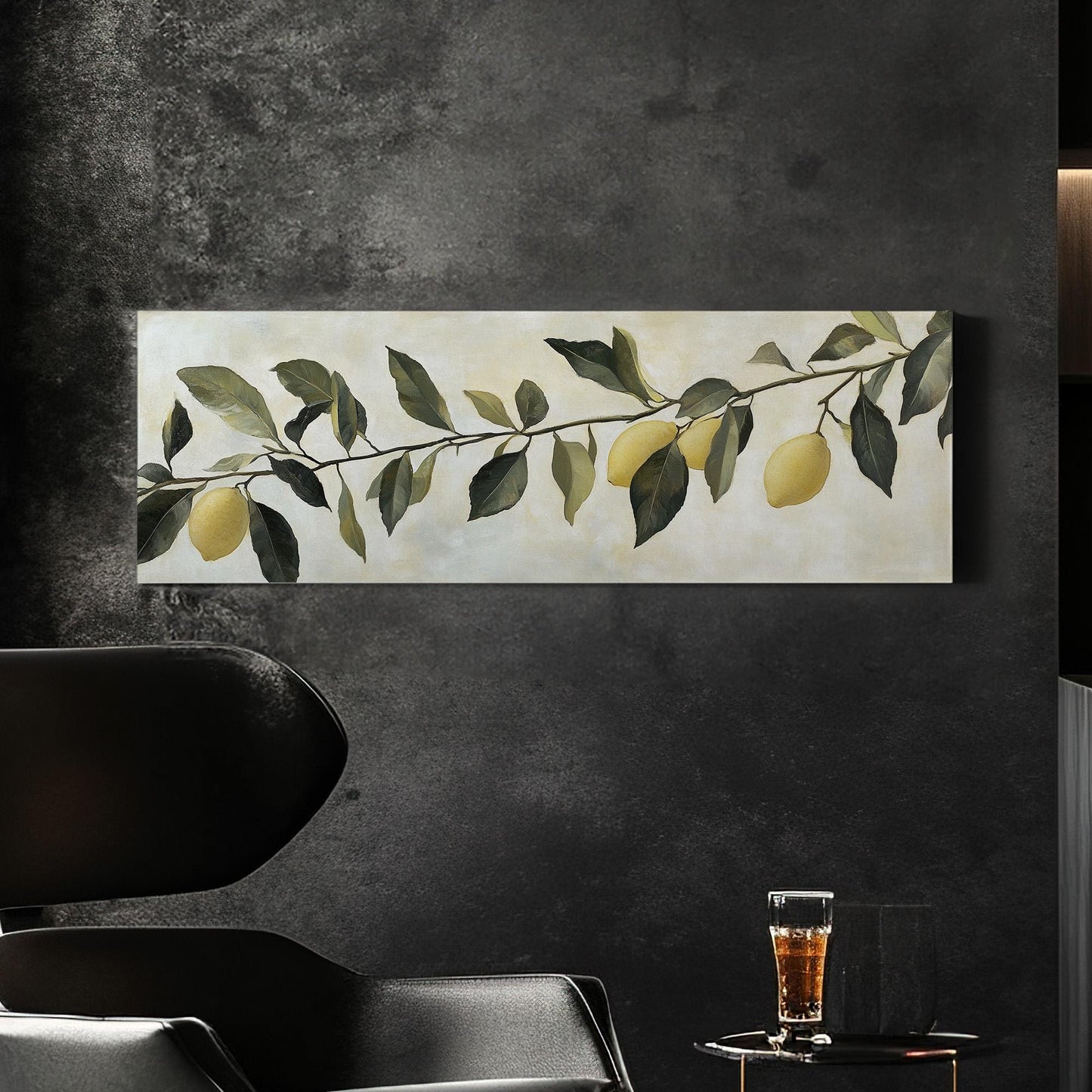 Rustic Lemon Branch Panoramic Farmhouse Kitchen, Minimal Citrus Decor Canvas Print, Country Art Printed Canvas Art